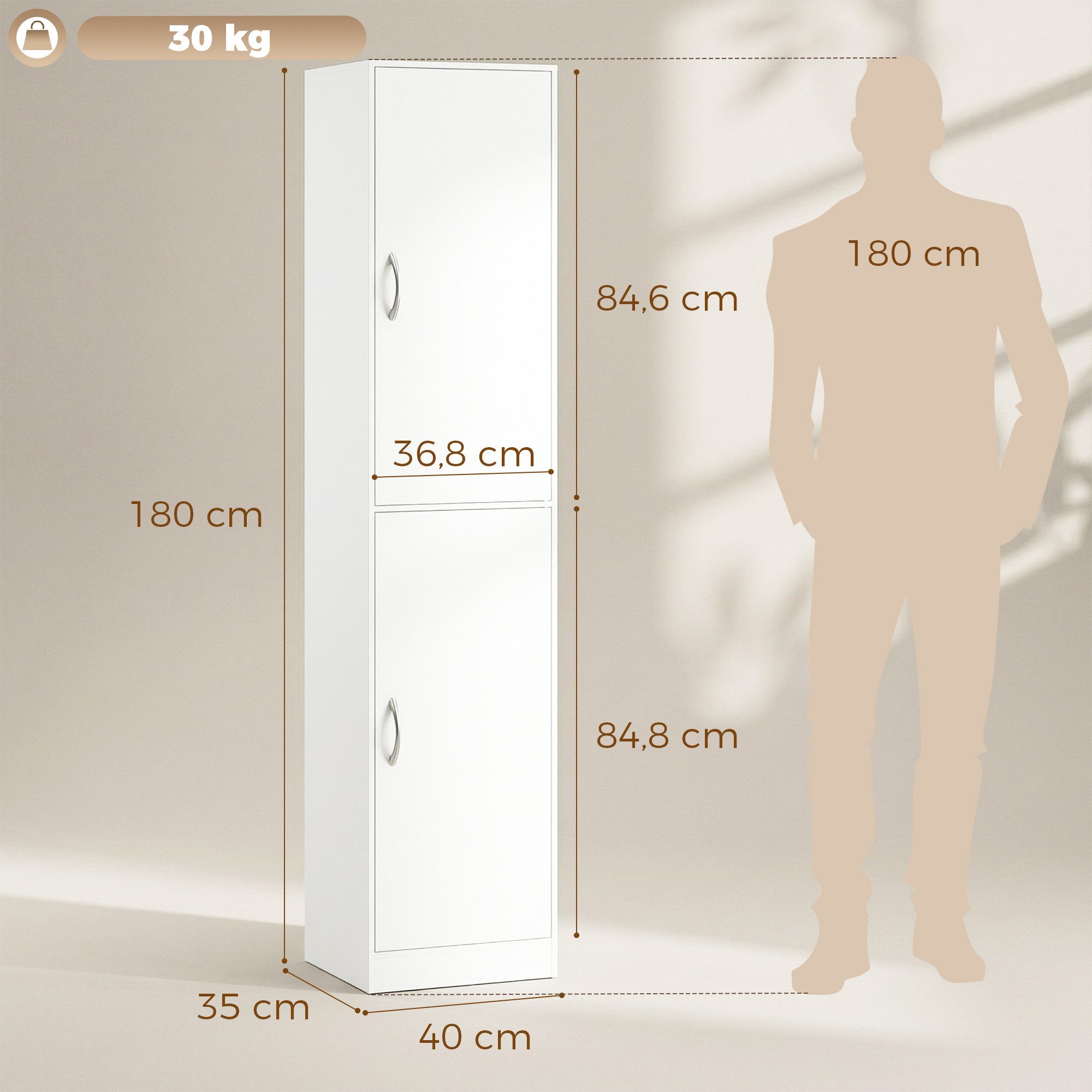 HOMCOM Bücherregal mit 2 Türen, verstellbaren Ablagen, Standregal 1-tlg., 40 x 35 x 180 cm für Büro, Wohnzimmer, Schlafzimmer, Weiß