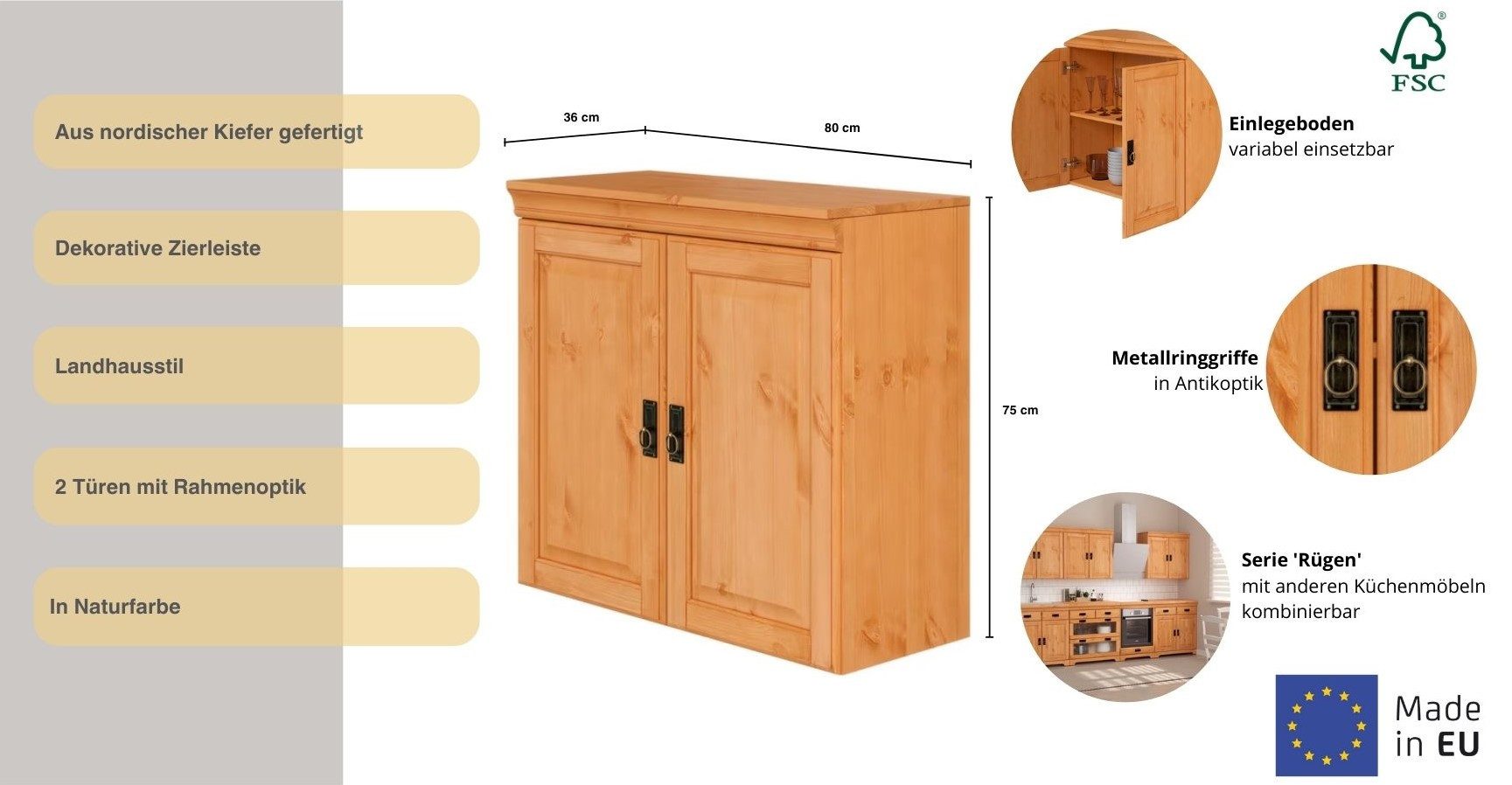 OTTO home Hängeschrank Rügen Breite 80 cm, Kiefer massiv, 2 Türen, 1 Einlegeboden