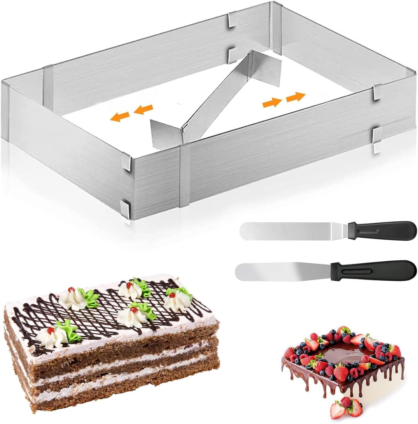 FOUORTUNATE-BEE Backrahmen Rechteckig Verstellbar mit Teiler, Tortenring für Backblech, Edelstahl, (Spatel für Kuchen Torten Pizza Backen und Party Dekorieren)