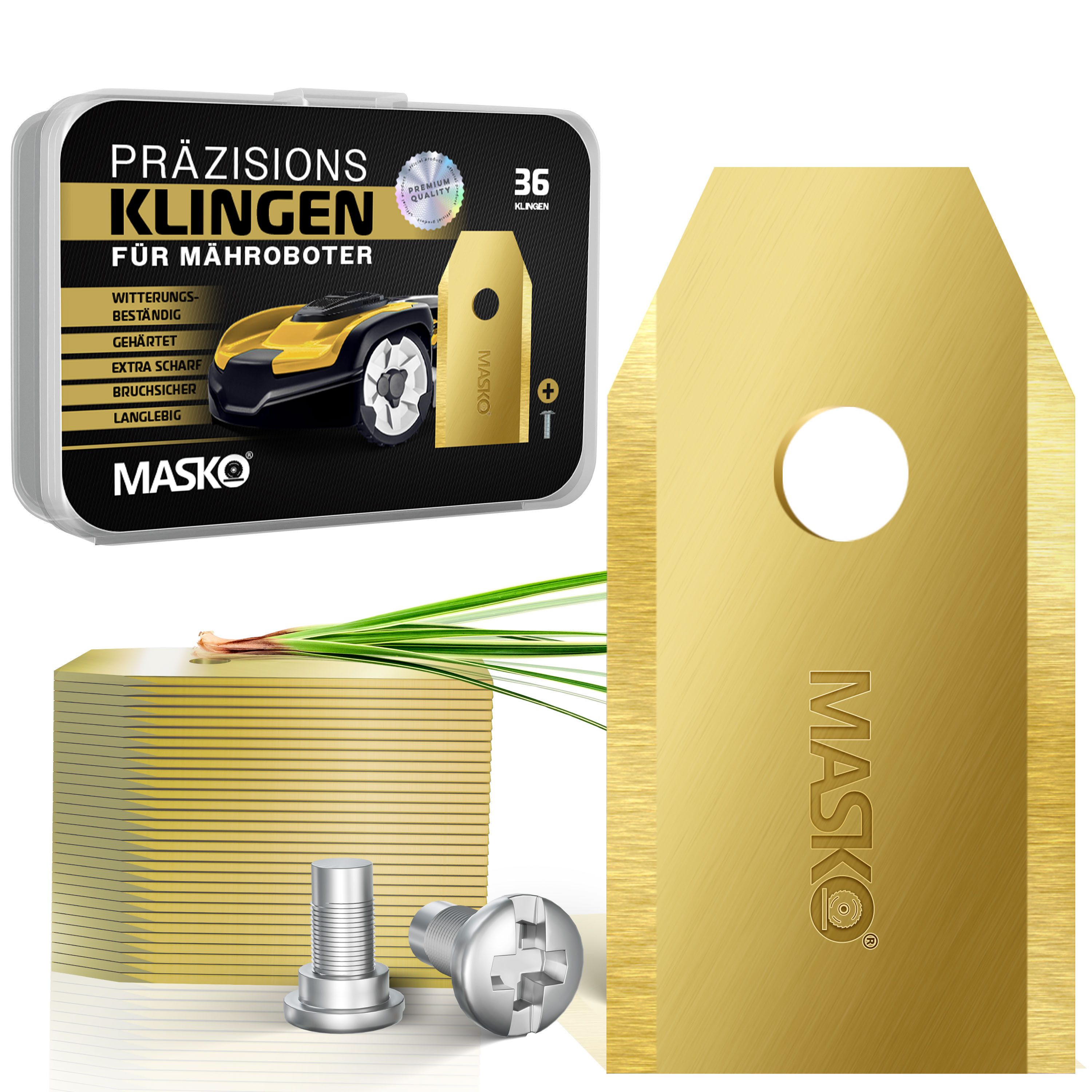MASKO Mährobotermesser (36-St), Ersatzmesser Klingen für Mähroboter langlebig Titan-Beschichtung goldfarben