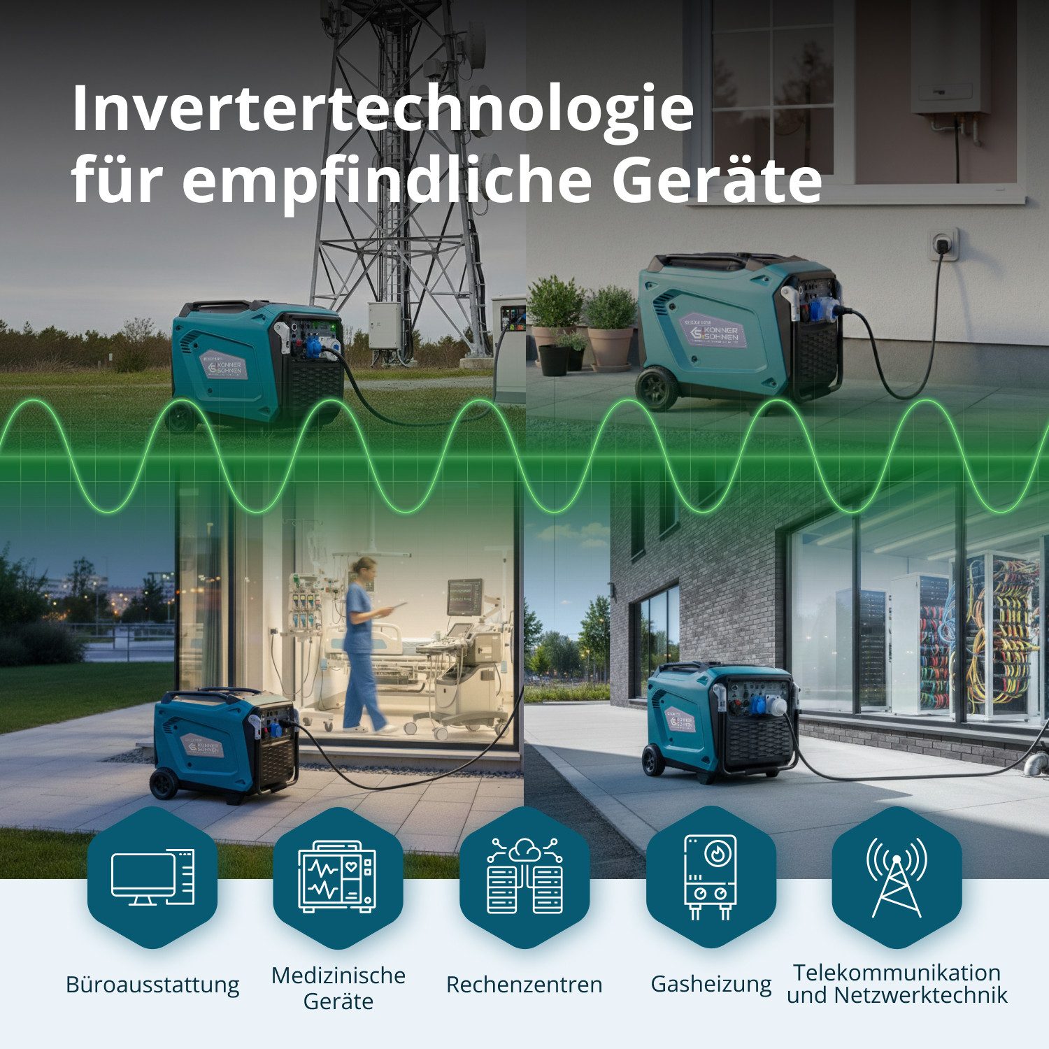 Könner & Söhnen Stromerzeuger KS 9500iE S ATSR, (Benzin-Inverter-Stromerzeuger Set, 1-tlg., Schallschutzgehäuse mit 2 Fernbedienungen, Rädern und CEE-Steckdosen), 9,5 kW Höchstleistung, ATS-Anschluss & reine Sinuswelle