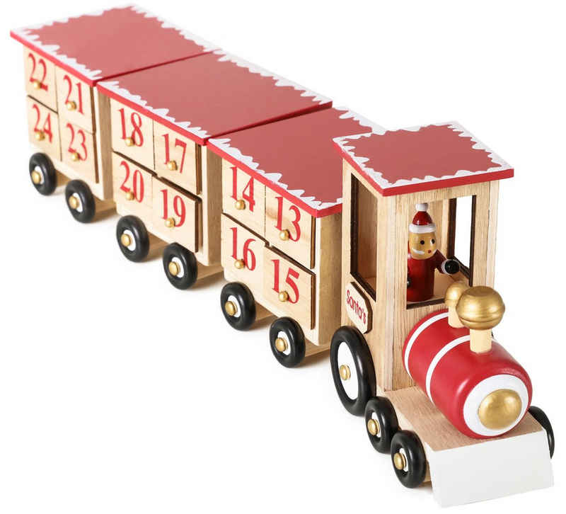 BRUBAKER befüllbarer Adventskalender Weihnachtskalender zum Befüllen - Lokomotive Rot - 47,5 cm groß, Weihnachten Kalender Wiederverwendbar - 24 Türchen