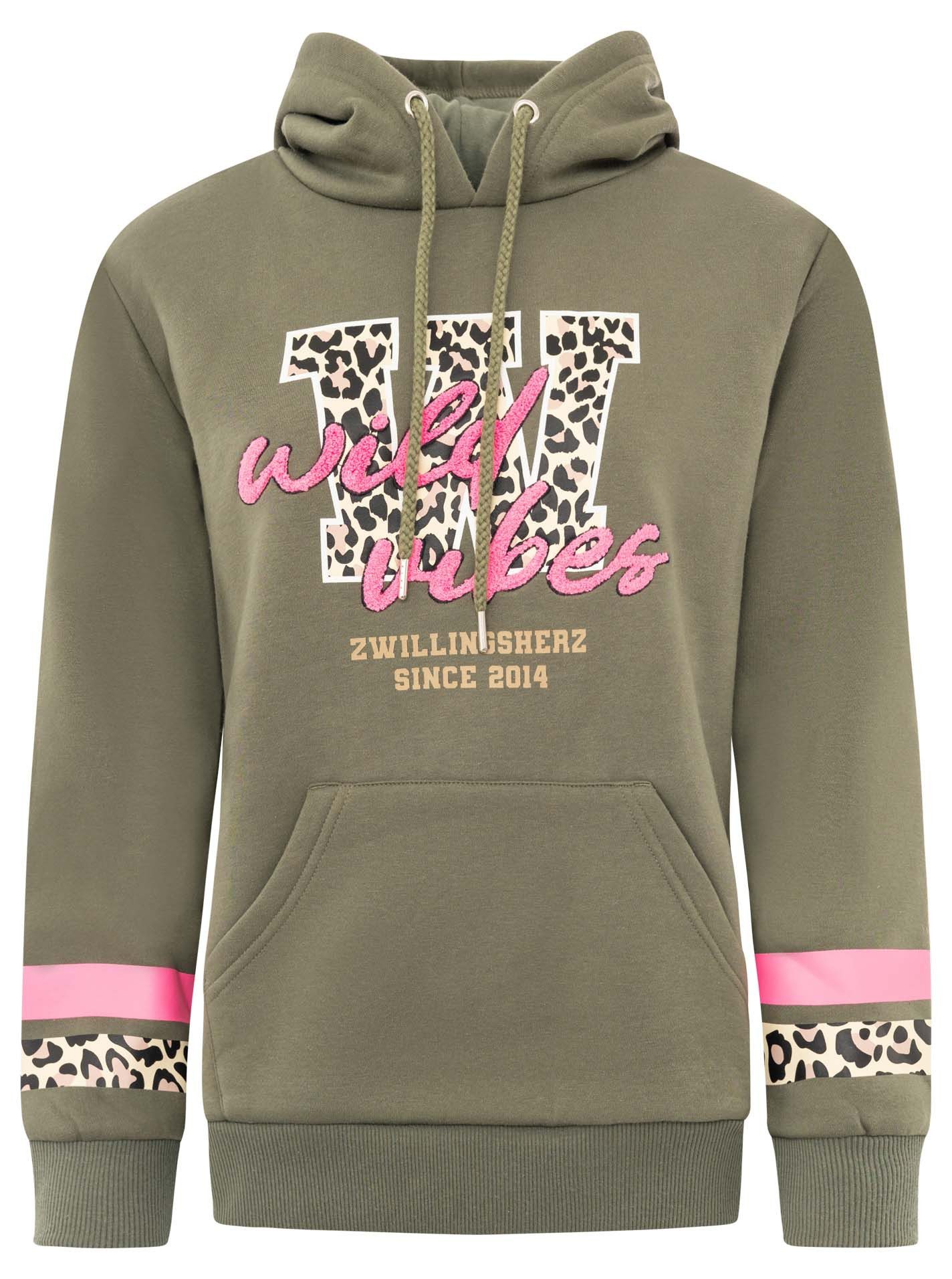 Zwillingsherz Hoodie "Wild Vibes College" Frontmotiv, Leo Details, Kapuze mit Kordel, Streifen am Arm