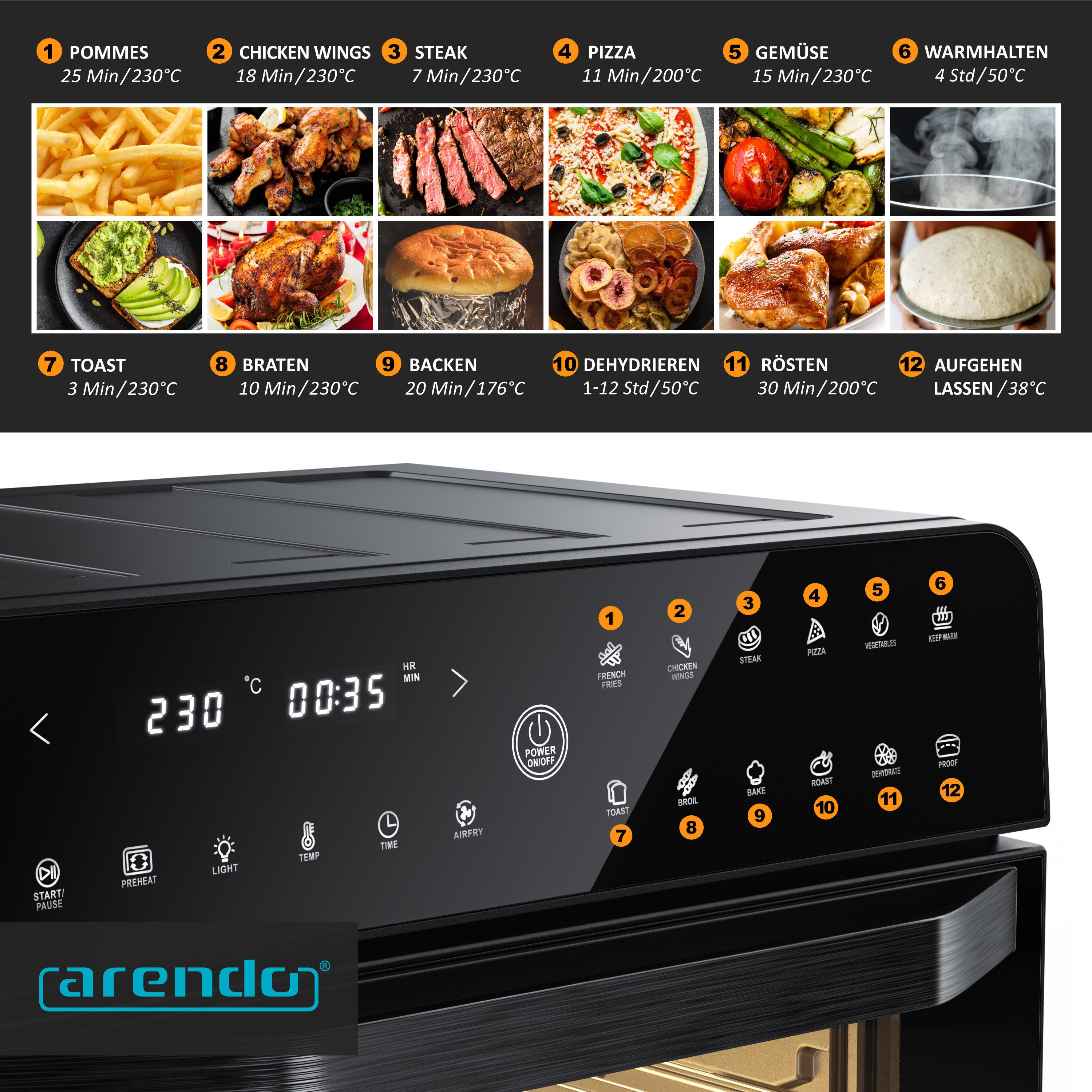 Arendo Minibackofen Airfryer 25L Edelstahl Multifunktionsofen, XXL Heißluftfritteuse 1800W, mini Backofen mit Backpapier, Backblech, Dörrblech, Rost, Frittierko – Bild 5 von 5