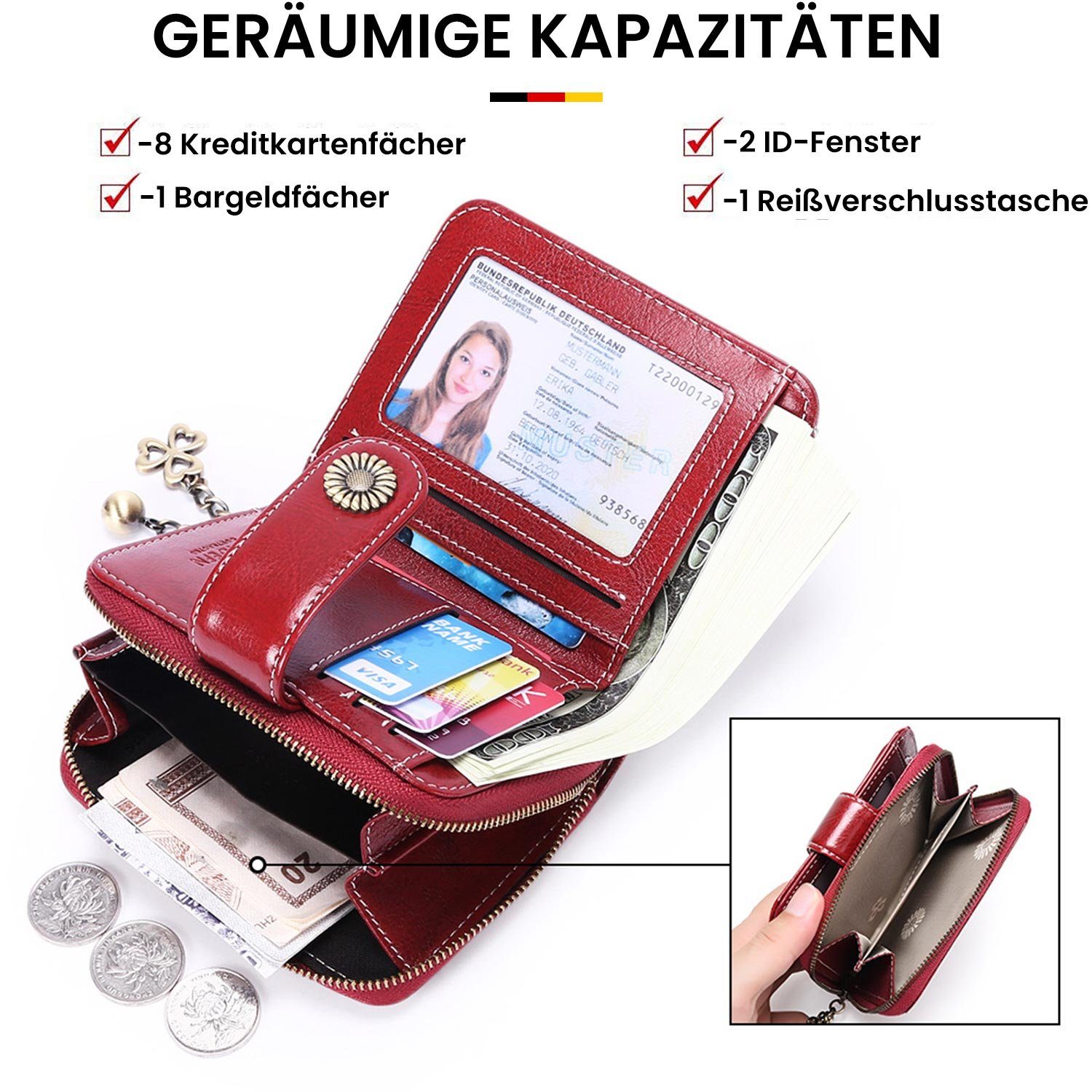 MAGICSHE Brieftasche Echtes Leder Weinrot Geldbörse, Schild Reißverschluss RFID mit Geldbörse, kleine Münzfach Clip und Damen