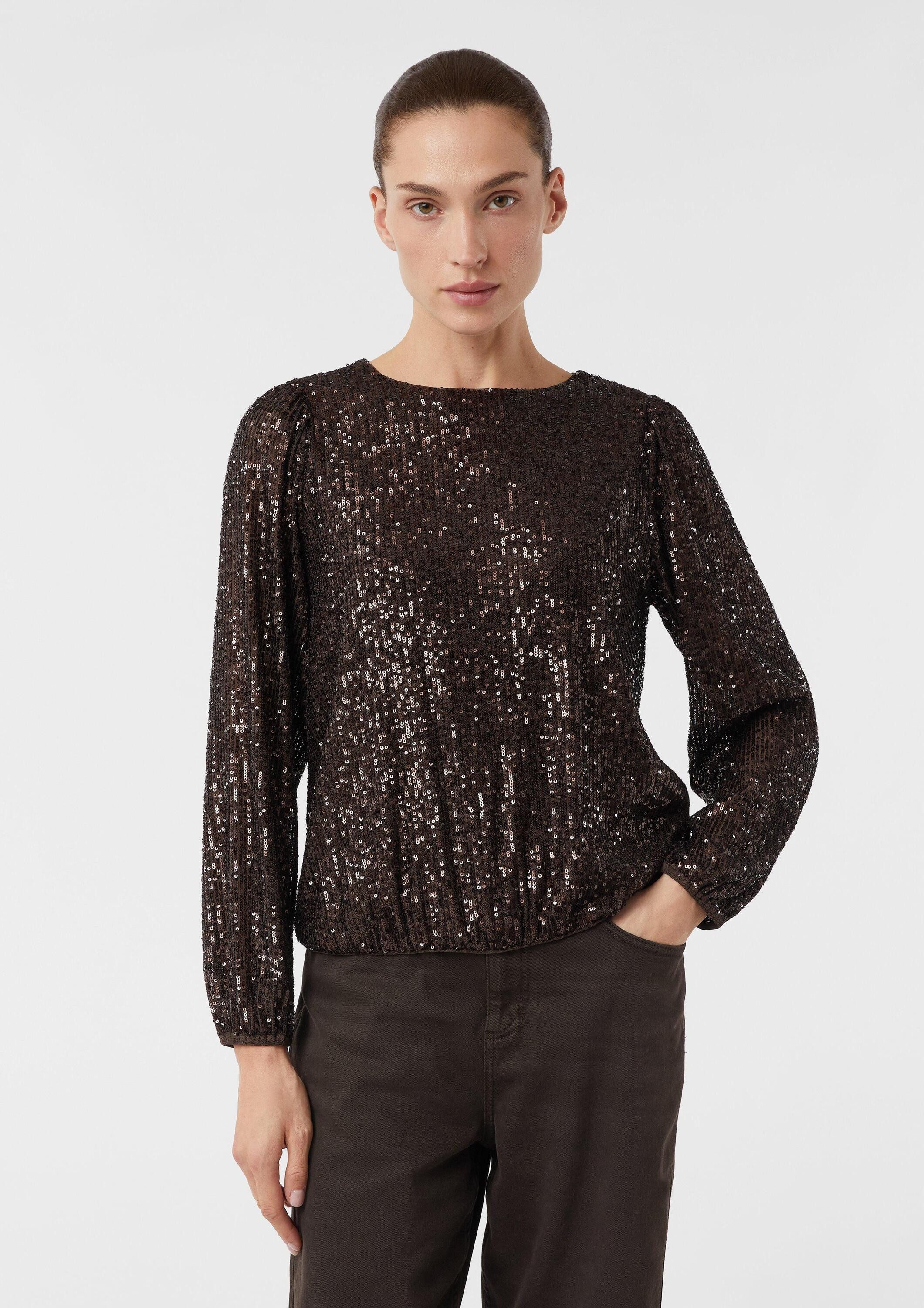 comma Langarmbluse Bluse Bluse mit Pailletten und Elastikbündchen