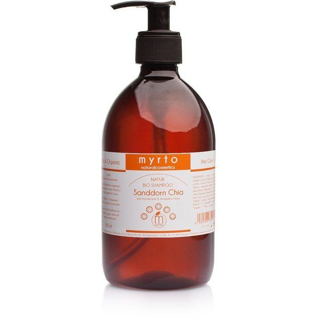 myrto Naturkosmetik Kopfhaut-Pflegeshampoo Bio Shampoo Sanddorn Chia – natürlicher Glanz für trockenes Haar, naturreine ätherische Öle, alkoholfrei, palmölfrei