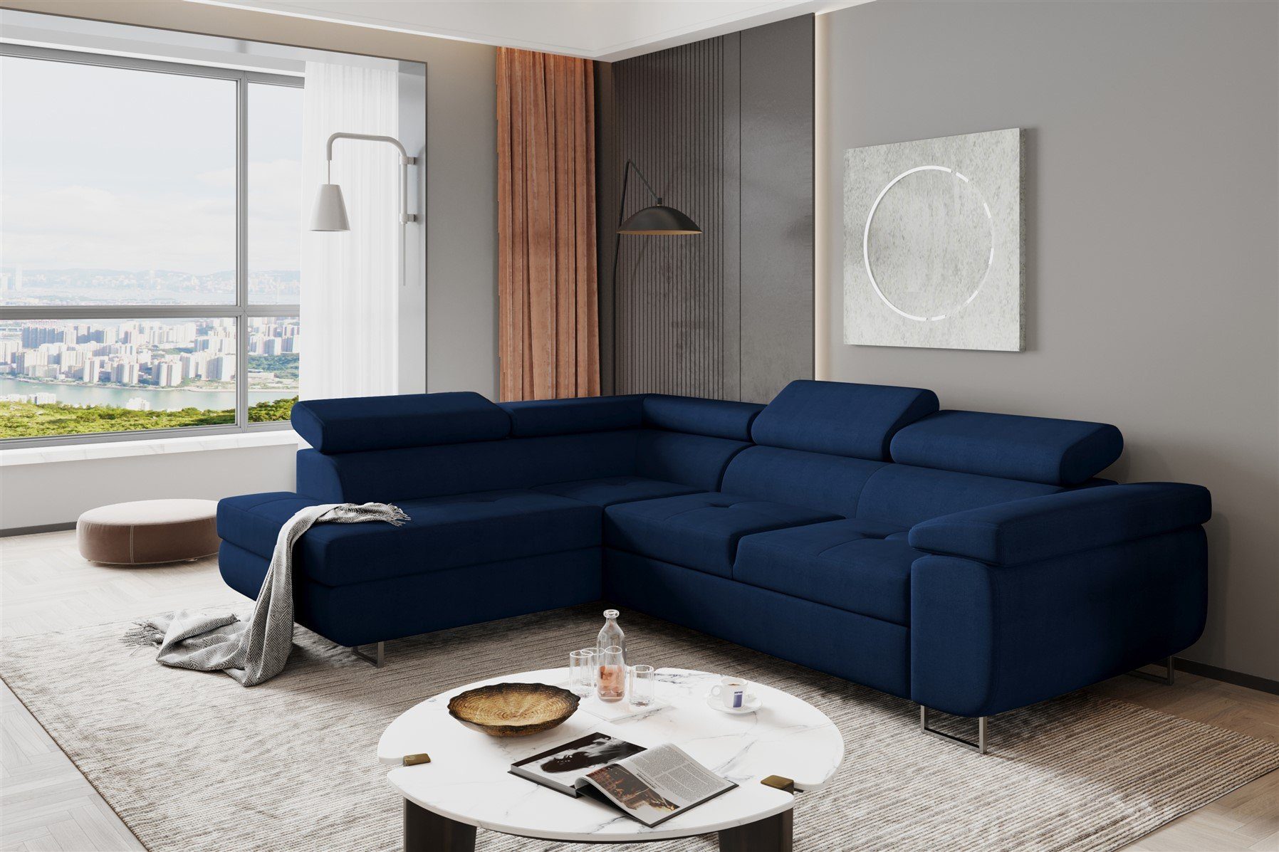 Fun Möbel Ecksofa Couchgarnitur JADE Stoff Dunkelblau Schlaffunktion Ottomane, 1 Teile, mit Schlaffunktion
