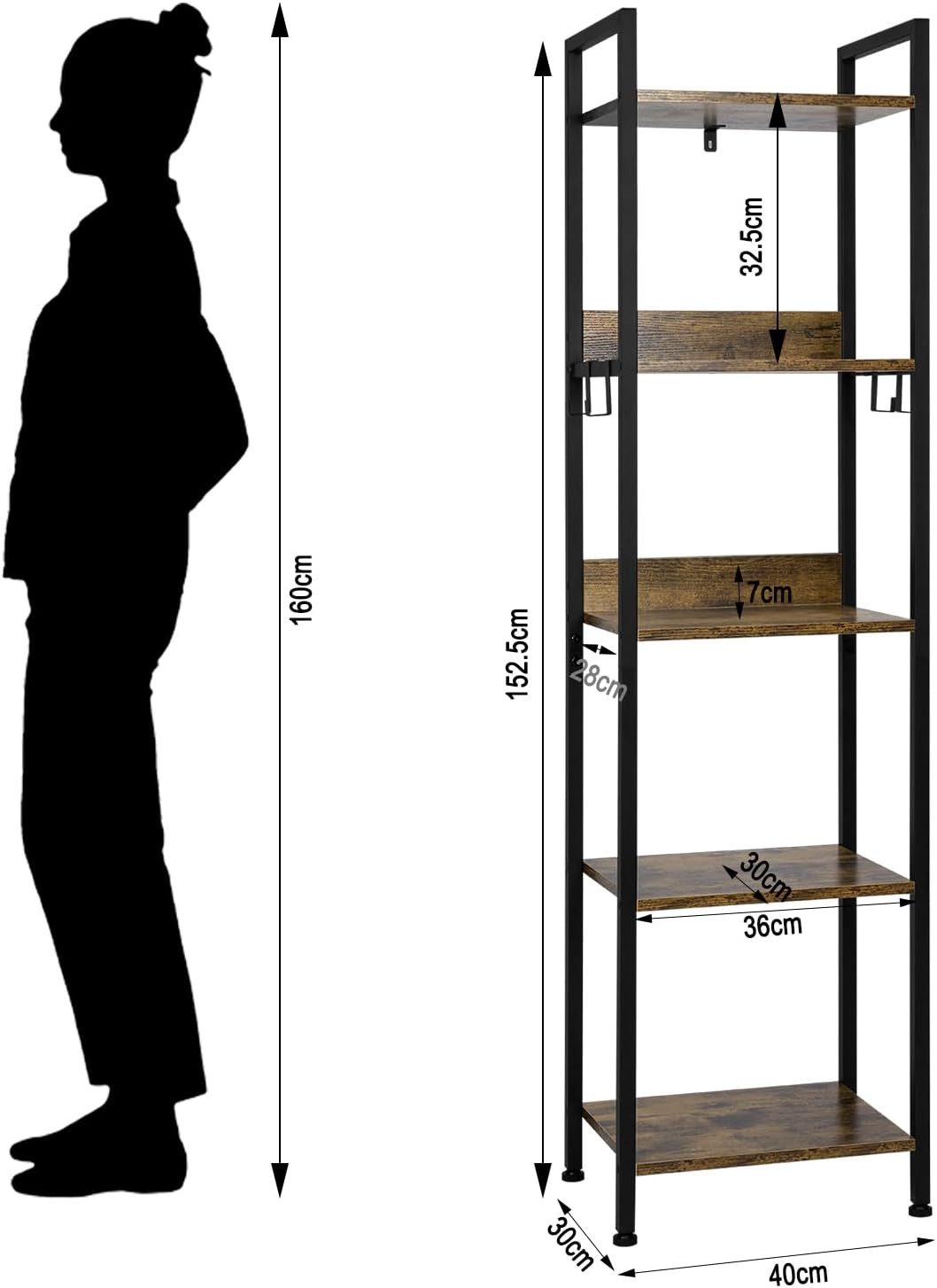 Woltu Standregal, mit 5 Ebenen, 4 Haken, Küchenregal Lagerregal im Industriestil