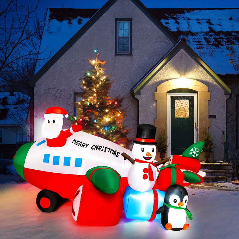 COSTWAY Weihnachtsmann, im Hubschrauber mit Schneemann & Pinguin, aufblasbar