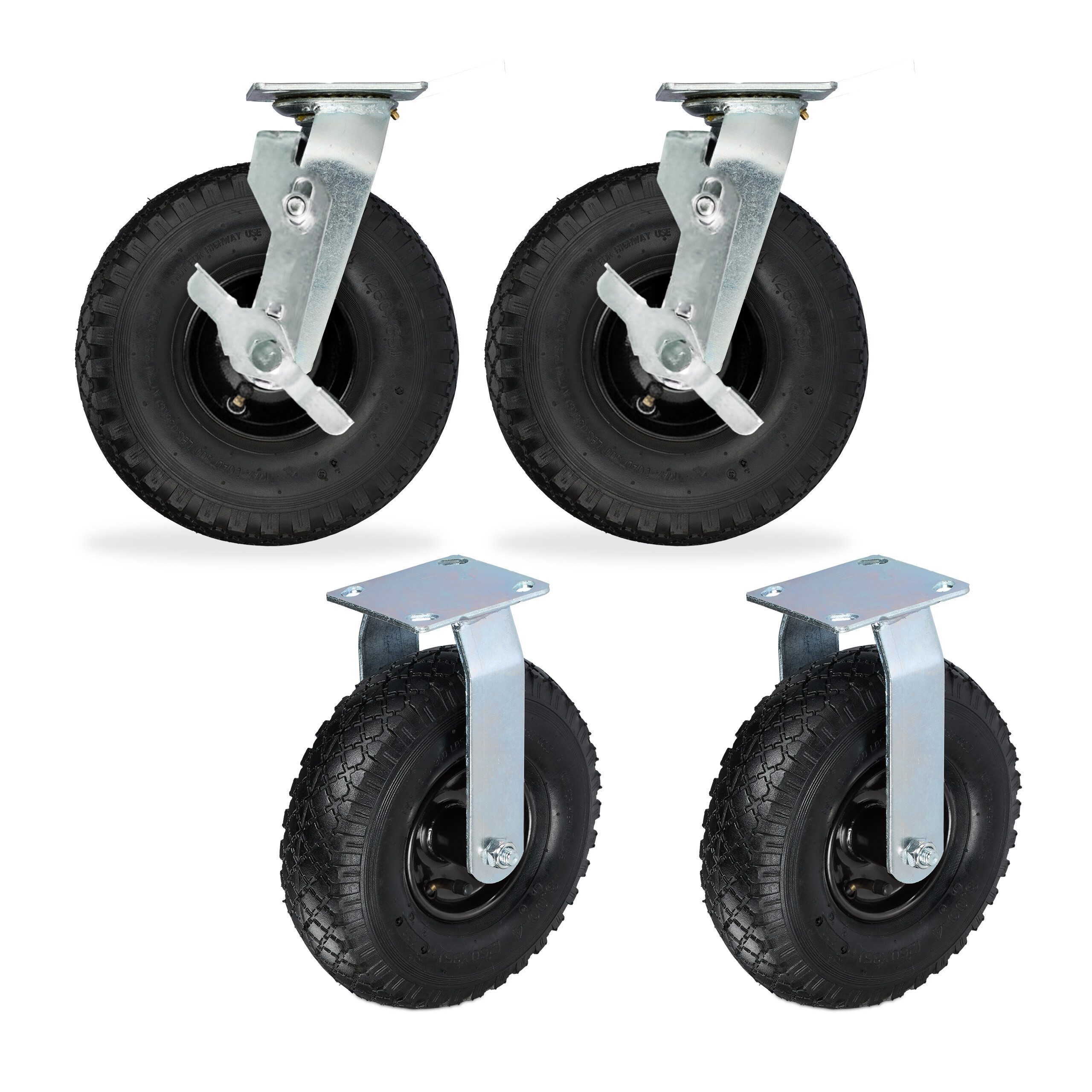 relaxdays Schwerlastrolle Bockrolle und Lenkrolle Set 3.00-4, Schwarz-Silber