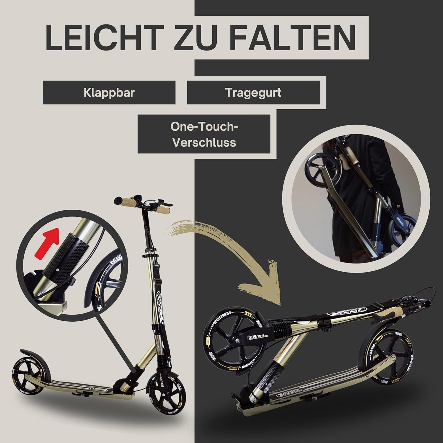 Best Sporting Scooter Scooter 205 mm Olivgrün Metallic, Mit Vorderradfederung, Handbremse, Klingel, Ständer & Tragegurt