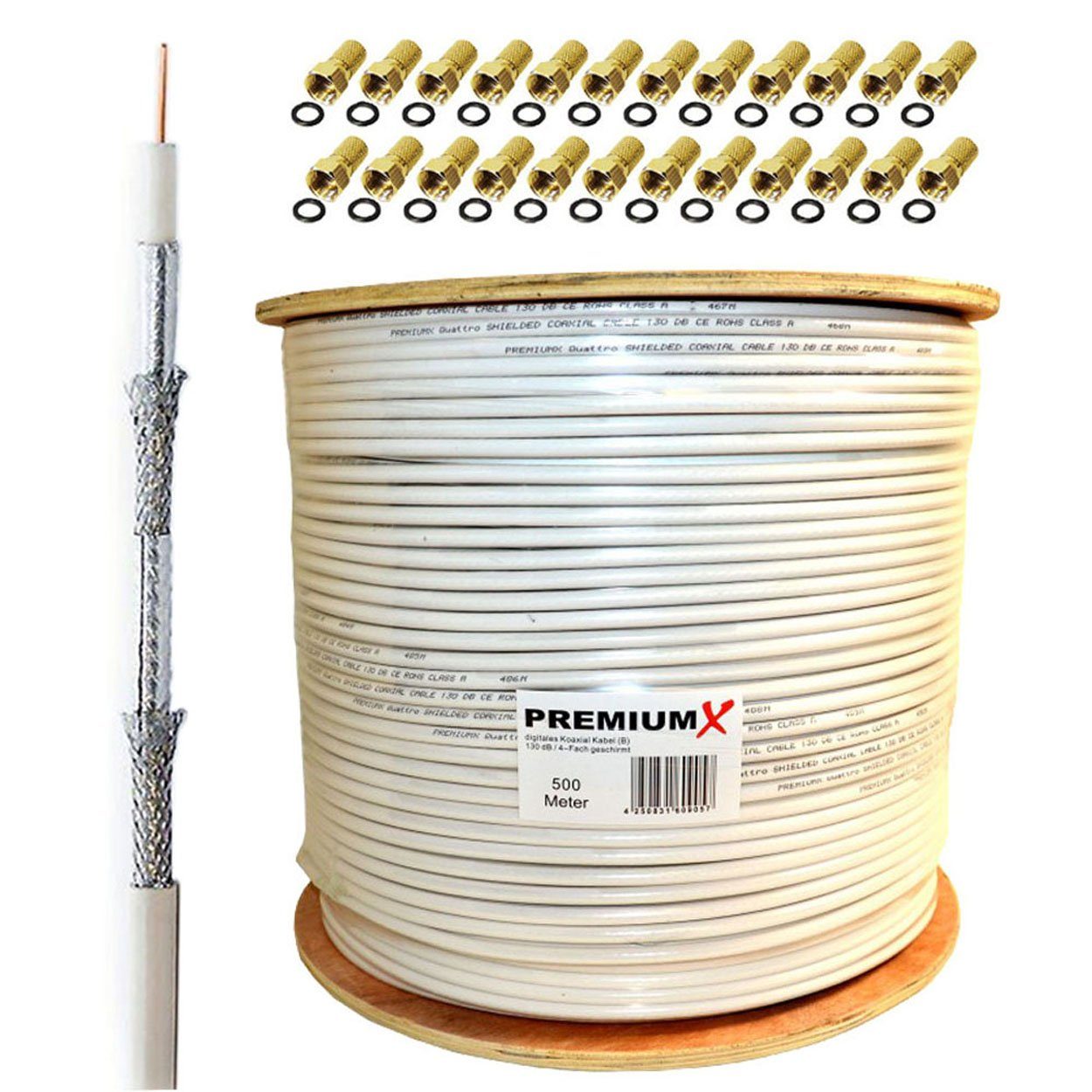 PremiumX 500m BASIC Koaxialkabel 135dB 4-fach SAT Koax Kabel 24x F-Stecker SAT-Kabel
