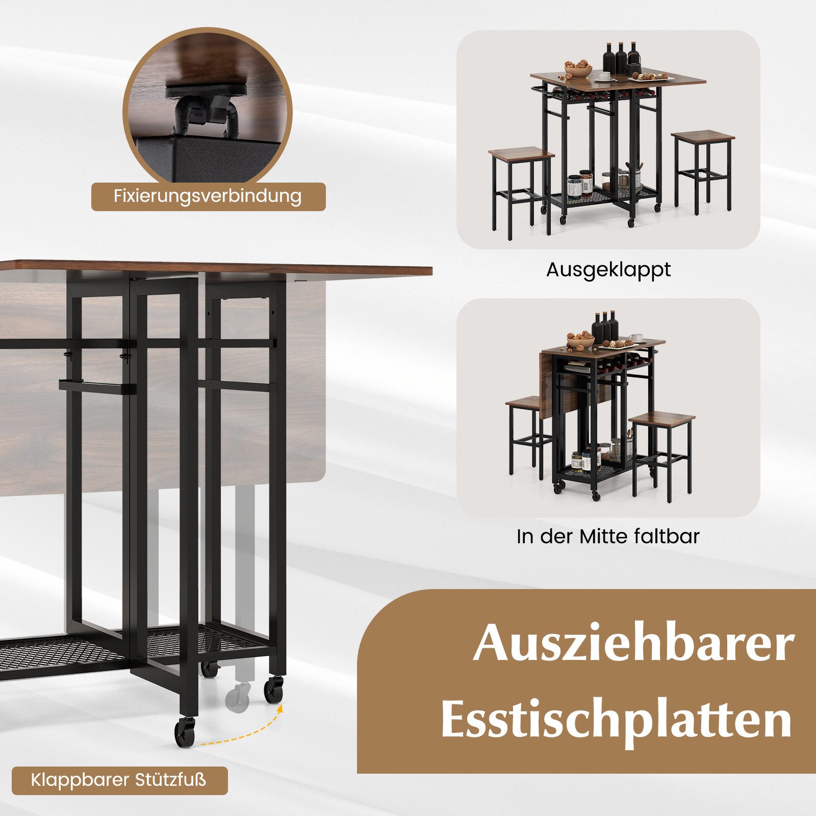 COSTWAY Esstisch Set 3 tlg. mit 2 Hockern, klappbares Bartisch auf Rollen – Bild 2 von 5