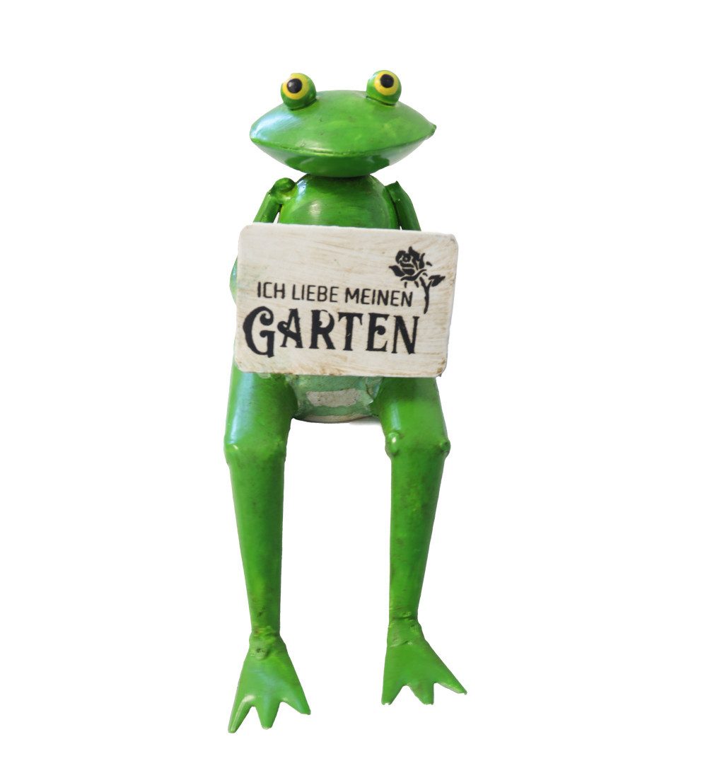 PassionMade Kantenhocker Frosch Tier Tierfigur Gartenfrosch Dekofigur Figur Metall 1184, Kantenhocker Dekofrosch Schild Spruch "Ich liebe meinen Garten"