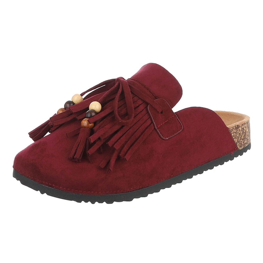 Ital-Design Damen Clog mit Fransen und Perlen, Schlupfschuh Pantolette (91742368) Flach Pantoletten in Weinrot