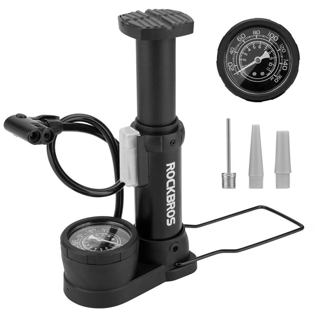 ROCKBROS Fahrradpumpe mit Manometer - Pumpe mit 3 Aufsätzen - 100 psi / 7 bar
