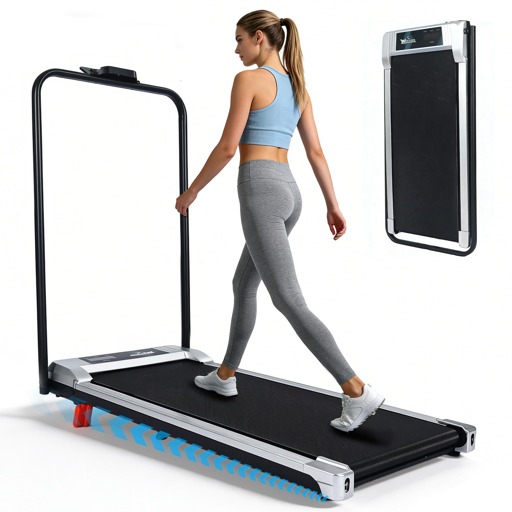 Nettlife Laufband Klappbares 4-in-1 Zuhause & Büro Steigung bis 10 km/h leise (Mit Armlehnen), LED Anzeige Fembedienung Walking Pad 0,6 PS 447W motor