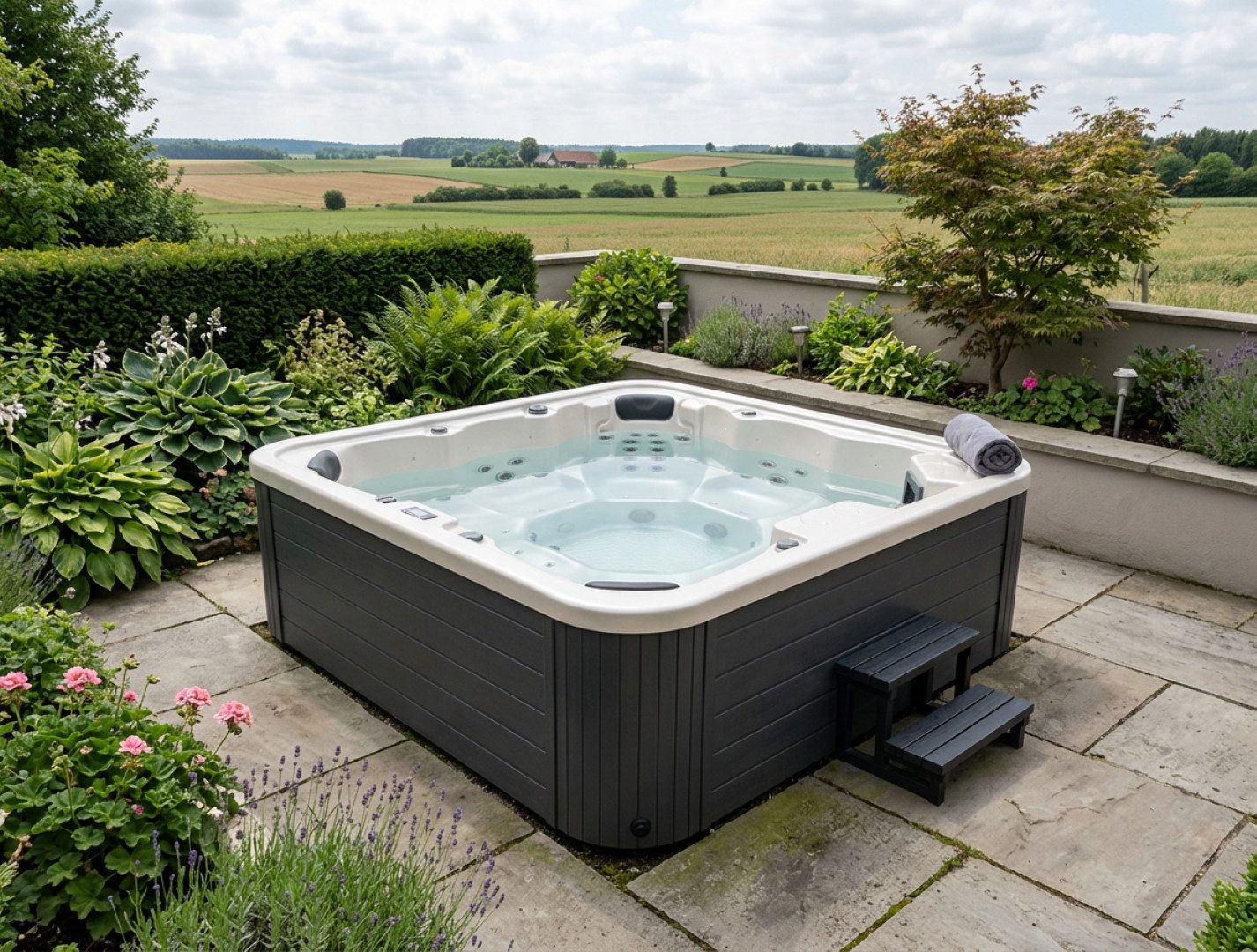 SPA Kompagniet Whirlpool Scandinavic Wood Art "Juist" Outdoor Whirlpool 5P Wasserkanone 235×235, Aufstellbecken, (Komplett inkl. Thermo-Cover, 2 Filter und Beleuchtung), 66 Massagedüsen, Wasserfall, Wasserkanone und Loungesessel