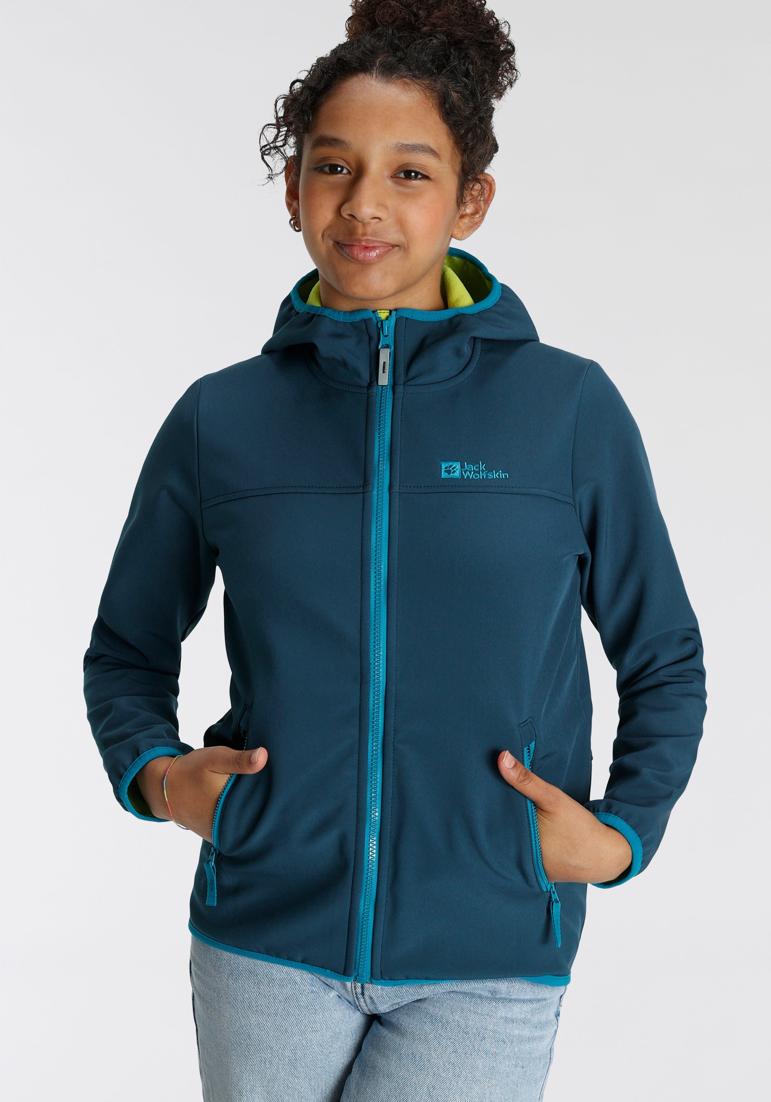 mit JACKET dark KIDS Softshelljacke Jack sea FOURWINDS Details farblich Wolfskin abgesetzten