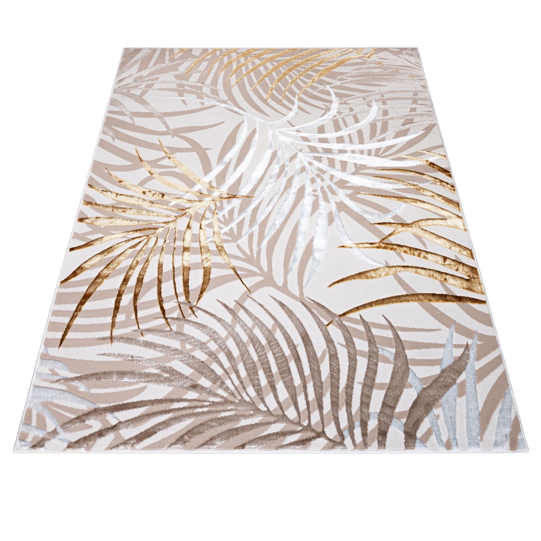 Mazovia Designteppich Modern Teppich für Wohnzimmer- Beige Creme mit Gold, 80 x 150 cm, Glänzende,Palmenzweige Feder,Modern,Höhe 10 mm,Weich,Pflegeleicht – Bild 5 von 5