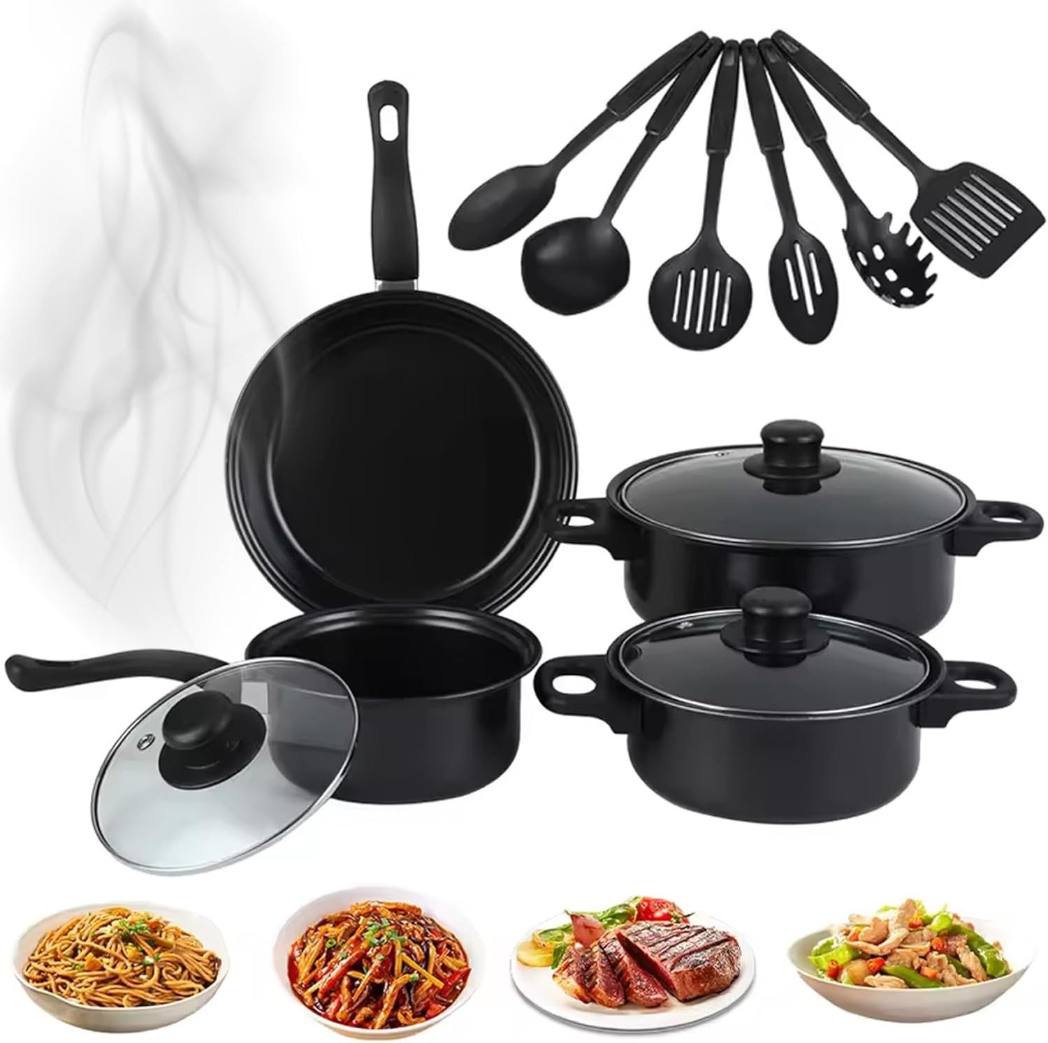ibettertec Topf-Set Antihaft-Kochgeschirr-Set mit Deckel und Utensilien, 13 tlg Küchenset, Gusseisen (13-tlg), Kochtopf-Set im modernen Design mit formschönen Soft-Touchgriffen