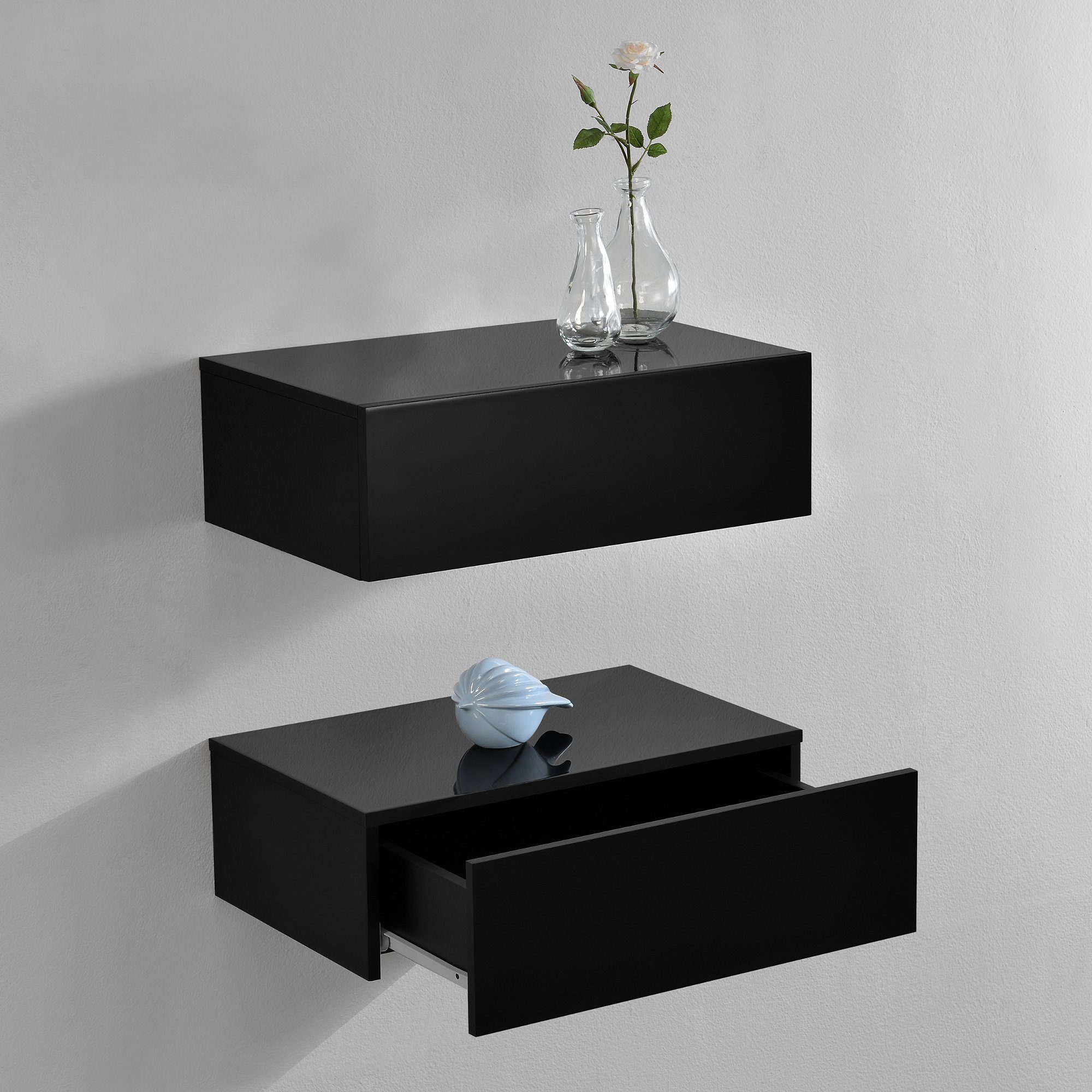 en.casa Nachtschrank »Oslo« in 2er Set mit Schublade 46x30x15cm Schwarz Hochglanz