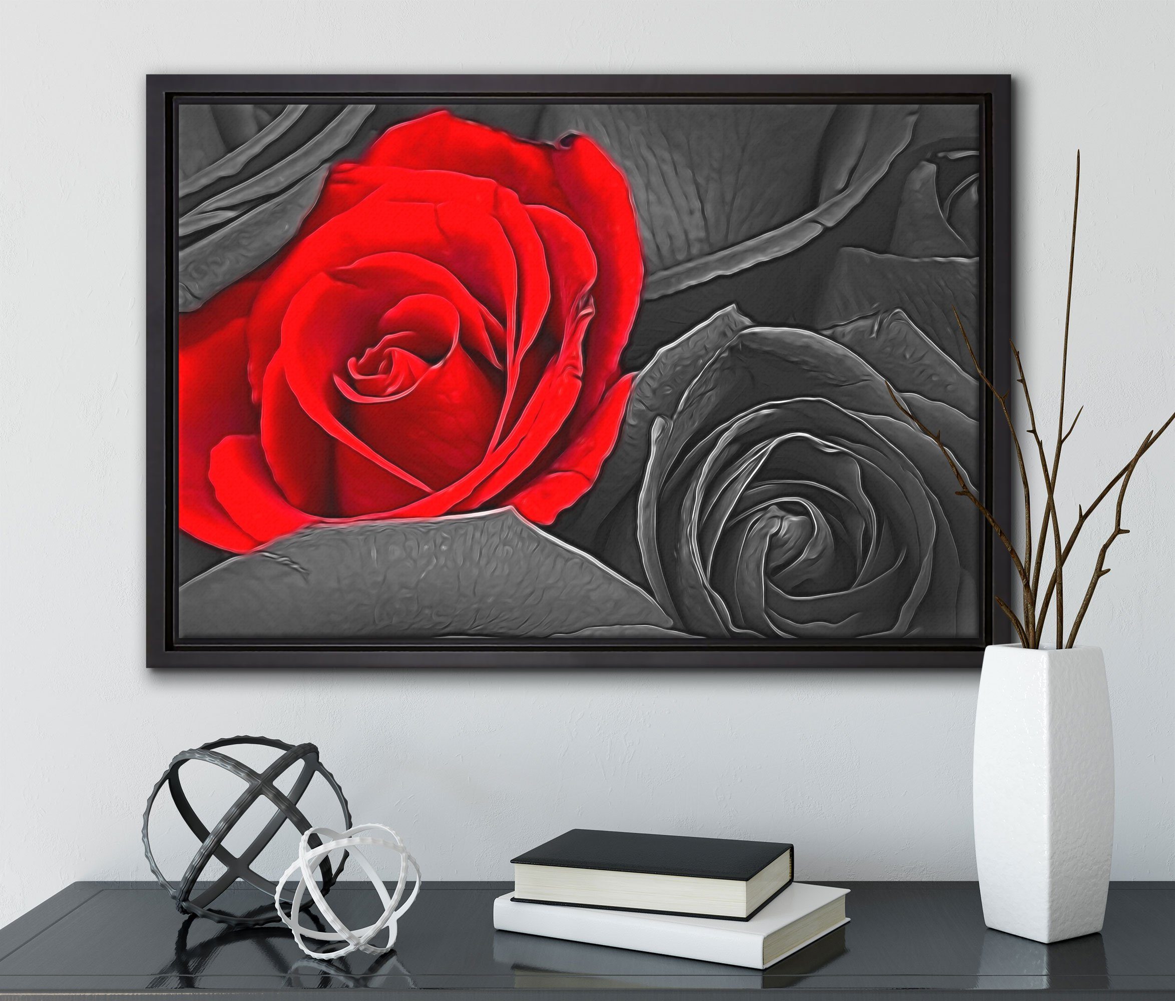 (1 Leinwandbild rote inkl. einem Wanddekoration romantische Leinwandbild Rosen, St), in bespannt, gefasst, Schattenfugen-Bilderrahmen Zackenaufhänger Pixxprint fertig