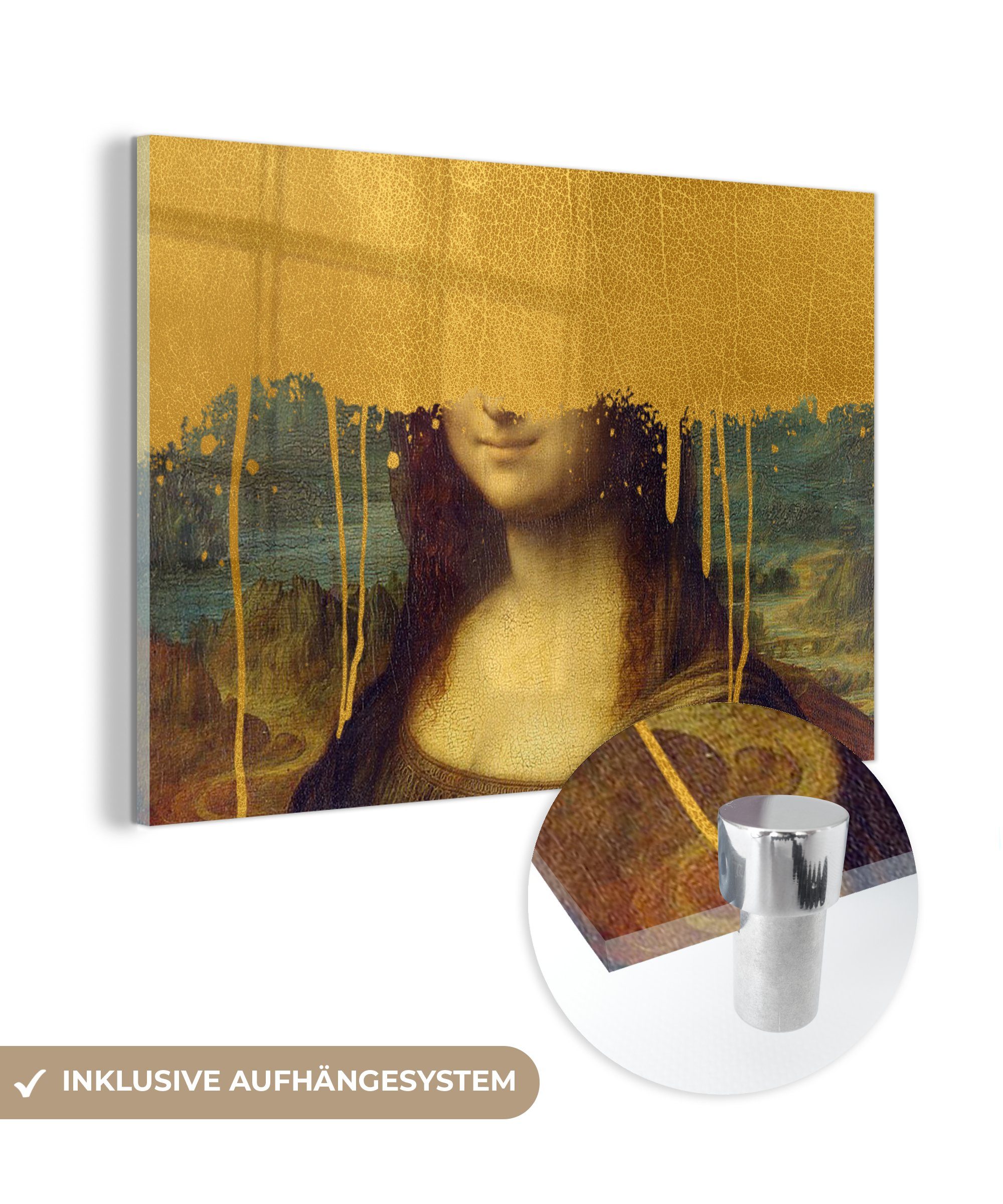 MuchoWow Acrylglasbild Mona Lisa - Gold - Da Vinci, (1 St), Glasbilder - Bilder auf Glas Wandbild - Foto auf Glas - Wanddekoration
