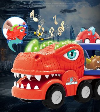 XDeer Autorennbahn Dinosaurier Spielzeug ab 2 3 4 Jahre, 4 in 1 Dino Truck für Kinder, mit Brüllen Sound & Lichter, Reibungsbetrieben Autotransporter
