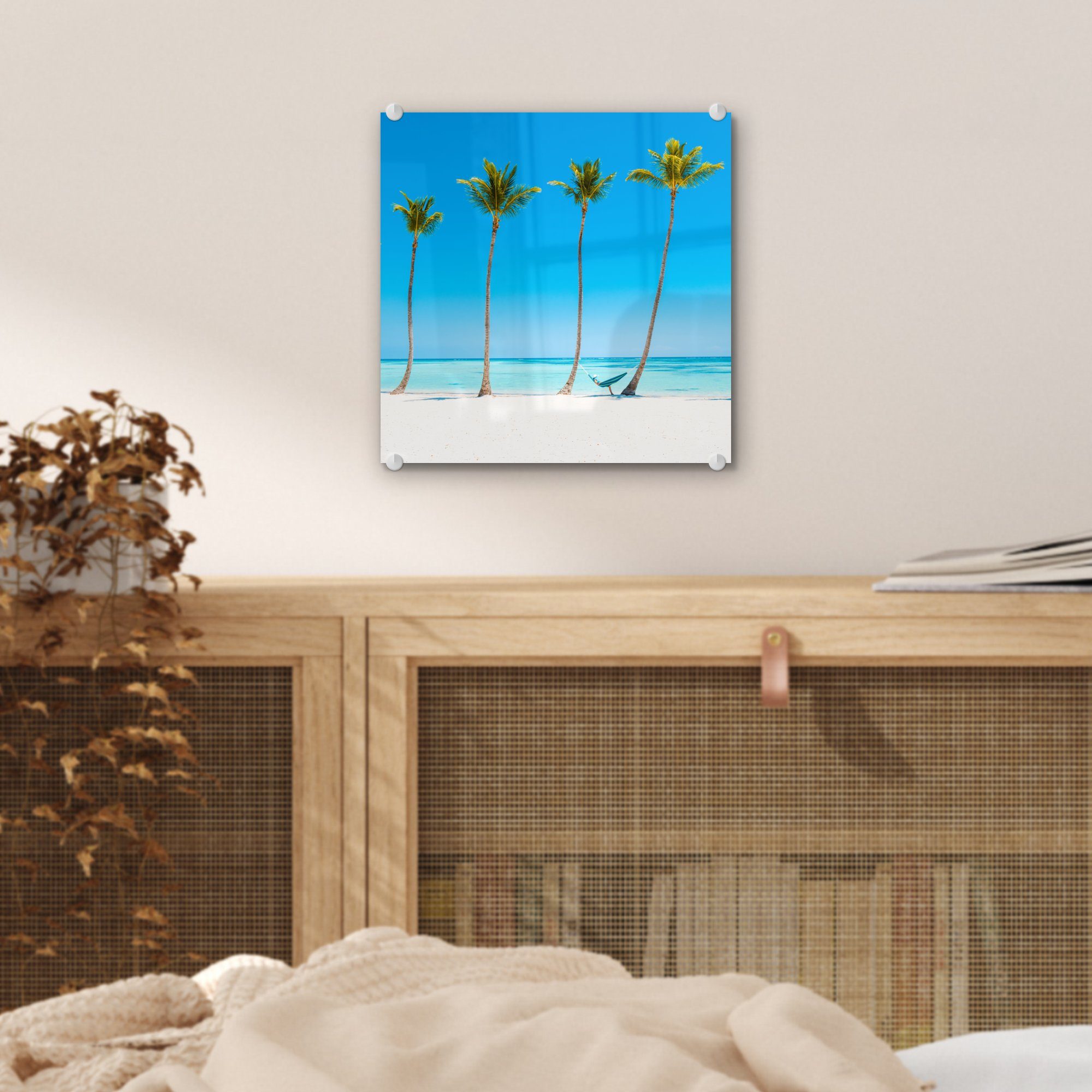 Wandbild auf Palmen Glasbilder - Acrylglasbild (1 MuchoWow - Foto - Wanddekoration Glas - Bilder Glas Hängematte, Meer St), auf -
