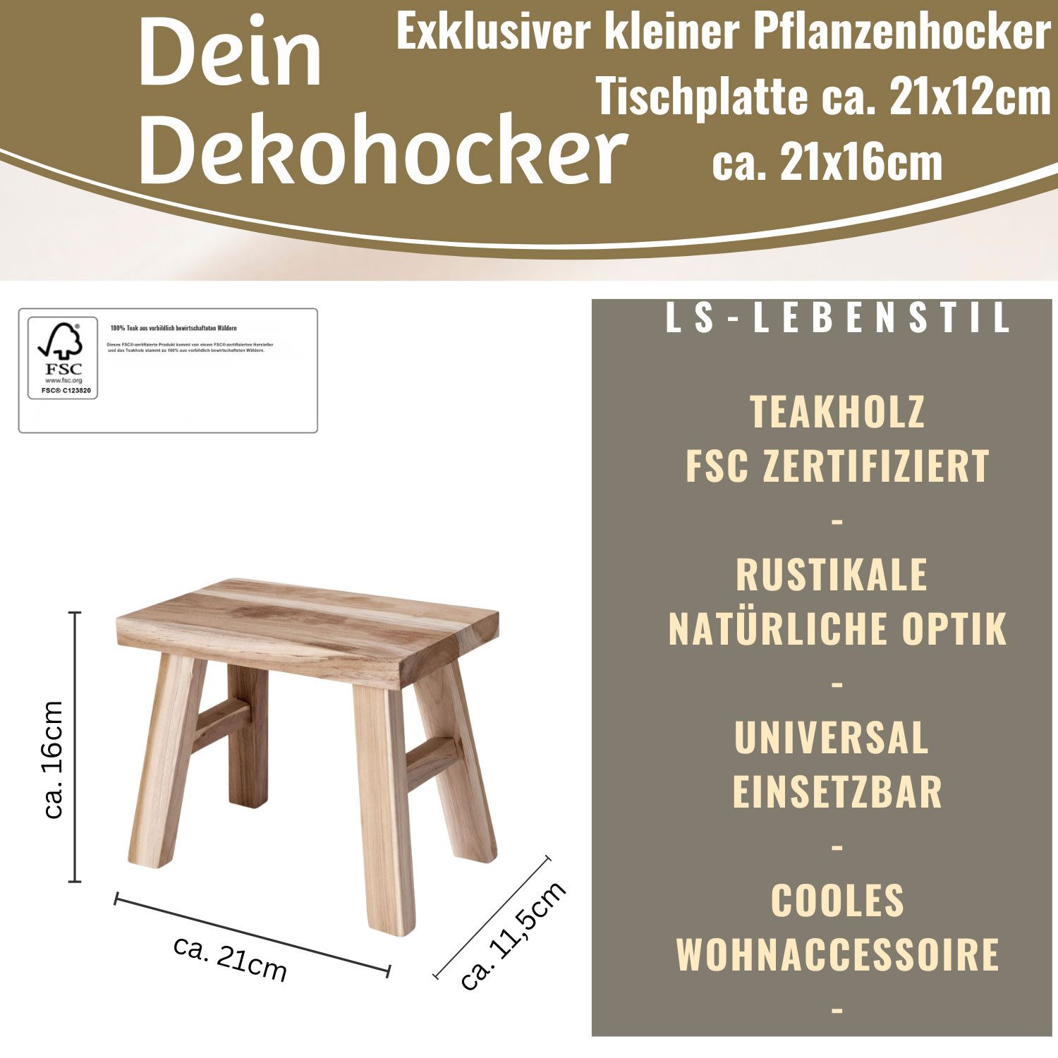 LS-LebenStil Blumenständer Pflanzenhocker Teak Holz Rechteckig Niedriger Blumenständer Hocker (Design Deko Hocker Teak Holz 21x16cm Mini Tisch rustikales Tischchen, 1 St., Braun 4 Füße kleiner Pflanzenständer Pflanzentisch Holzhocker Deko), FSC zertifiziert