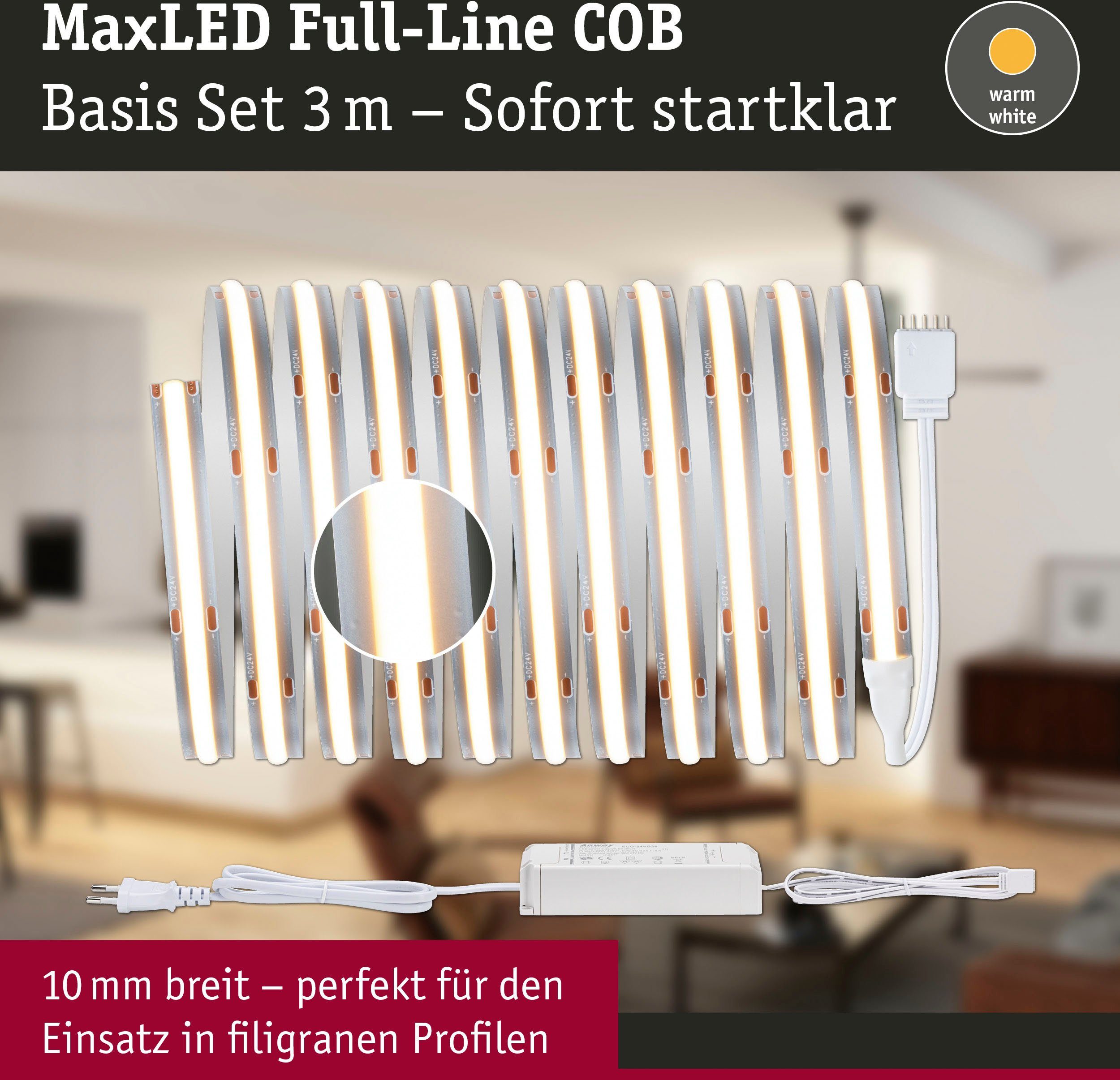 480LED MaxLED 3m 2700K, Paulmann Basisset Basisset Full-Line 1-flammig, 19W 1500lm 500 Warmweiß LED-Streifen COB