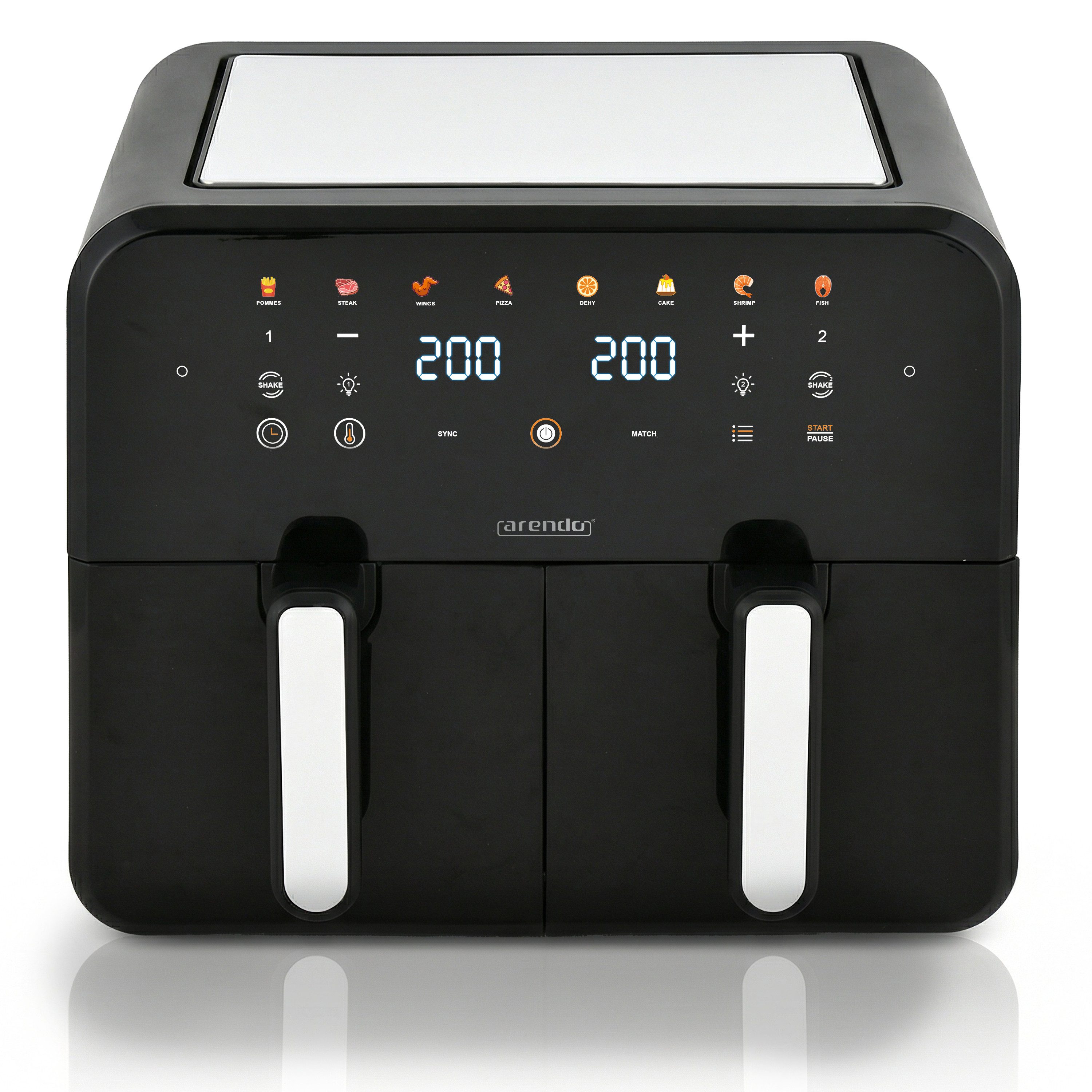Arendo Heißluftfritteuse mit 2 Kammern Nebeneinander, XXL Doppelkammer Airfryer 11L, Dual Zone, 2600 W, mit Zubehör, Umluft Backofen, 80-200°C, fettarmes gesundes Kochen