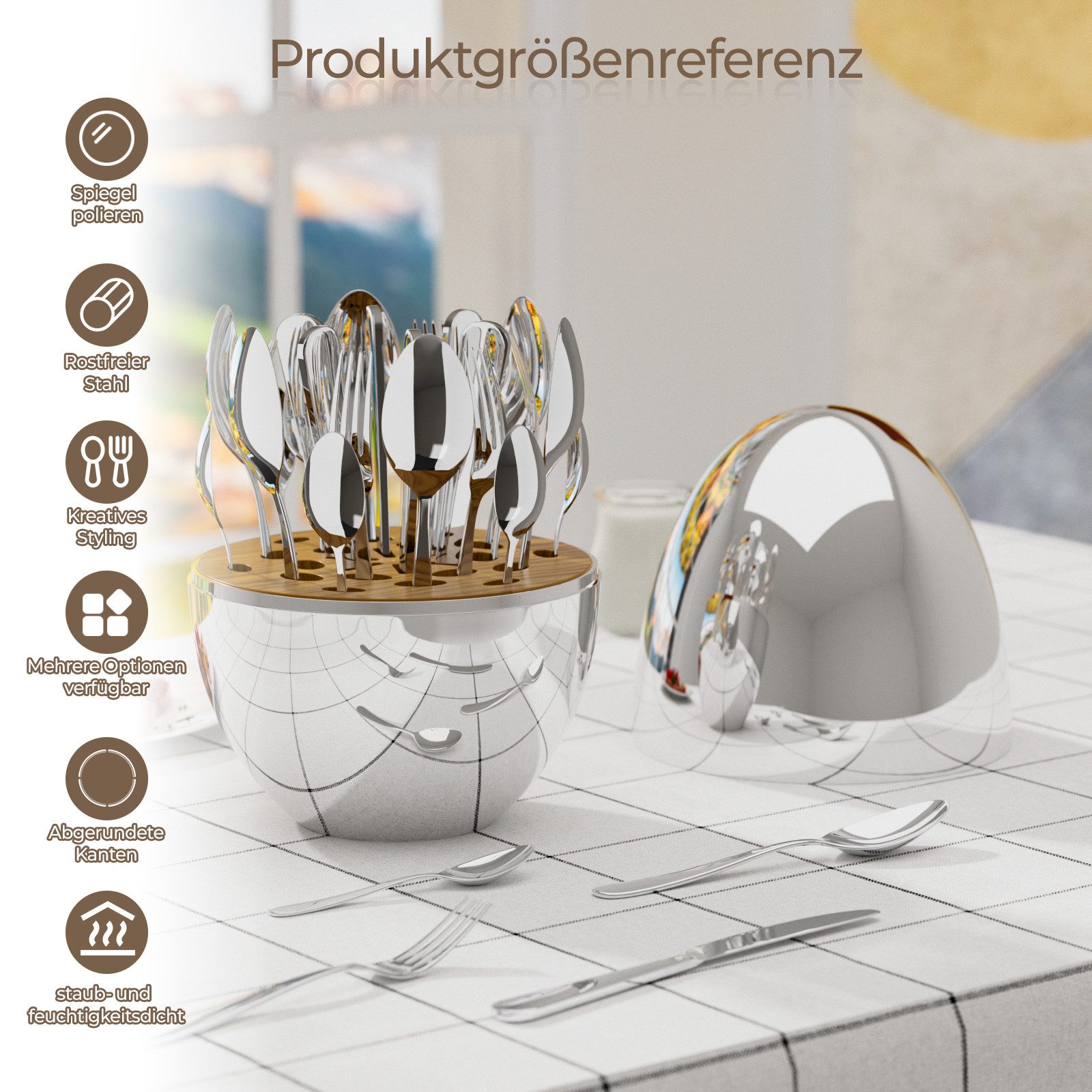 PFCTART Besteck-Set Heartland Egg Besteck Set 24-tlg. für 6 Personen - Edelstahl, 6 Personen, Bestecke Küchenutensilien Set mit Löffel, Gabel, Messer, Inkl. silberner Aufbewahrungsbox - Rostfrei, staubdicht & stylisch
