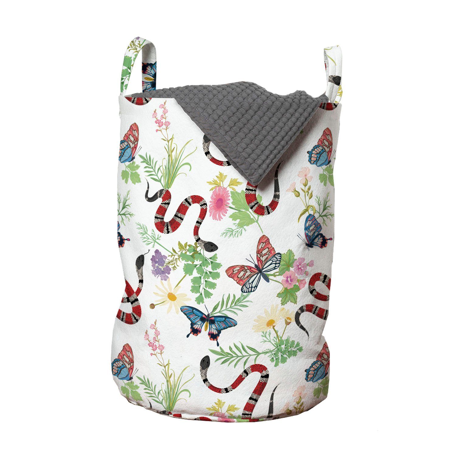 Abakuhaus Wäschesäckchen Wäschekorb mit Griffen Kordelzugverschluss für Waschsalons, Blumen Insekten Coral Schlangen Entwurf