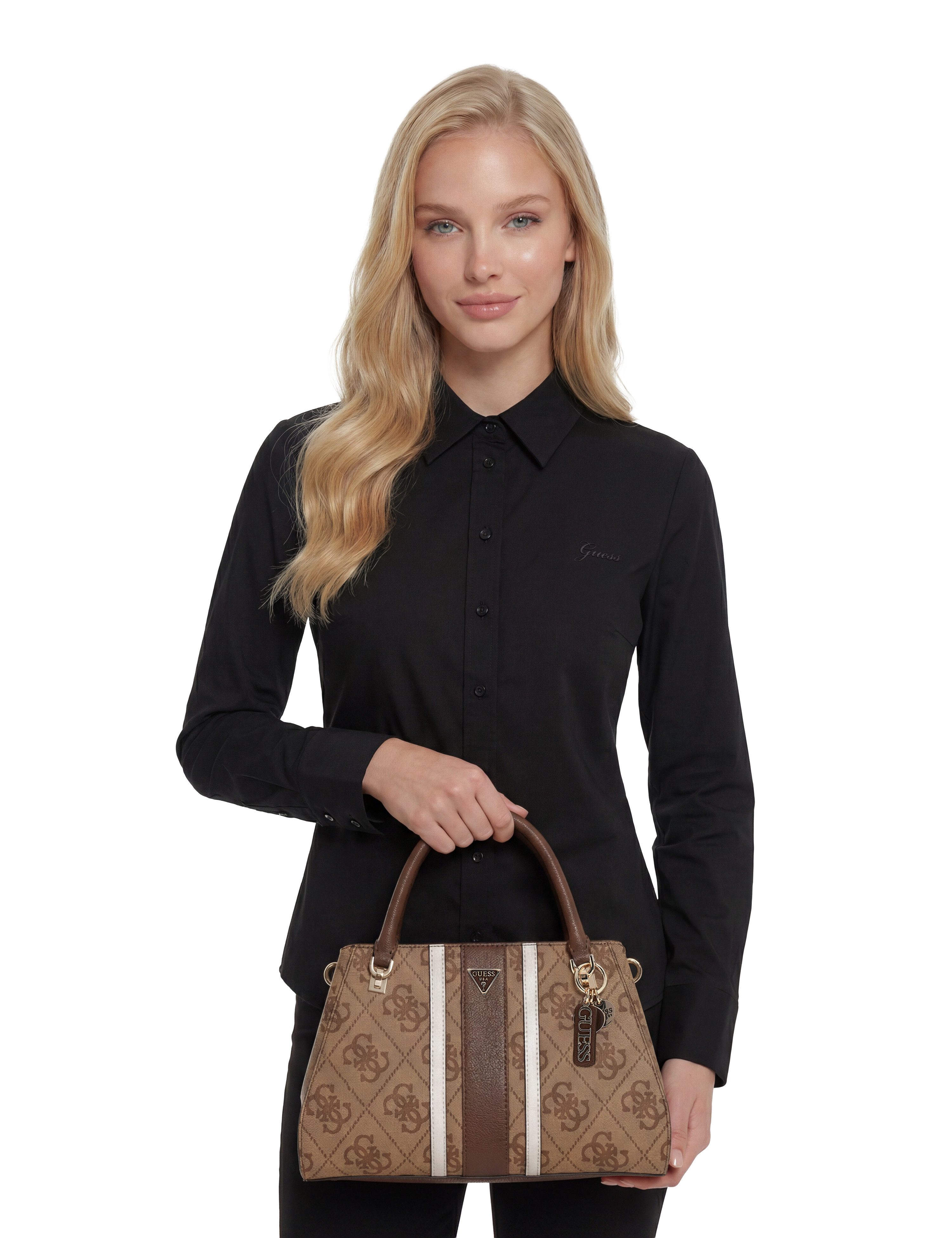 Guess Umhängetasche NOELLE II LUXURY SATCHEL (Set, Abnehmbarer Schlüsselanhänger), Damen Schultertasche, Handtasche mit Logo-Element und Logodrucken – Bild 2 von 5