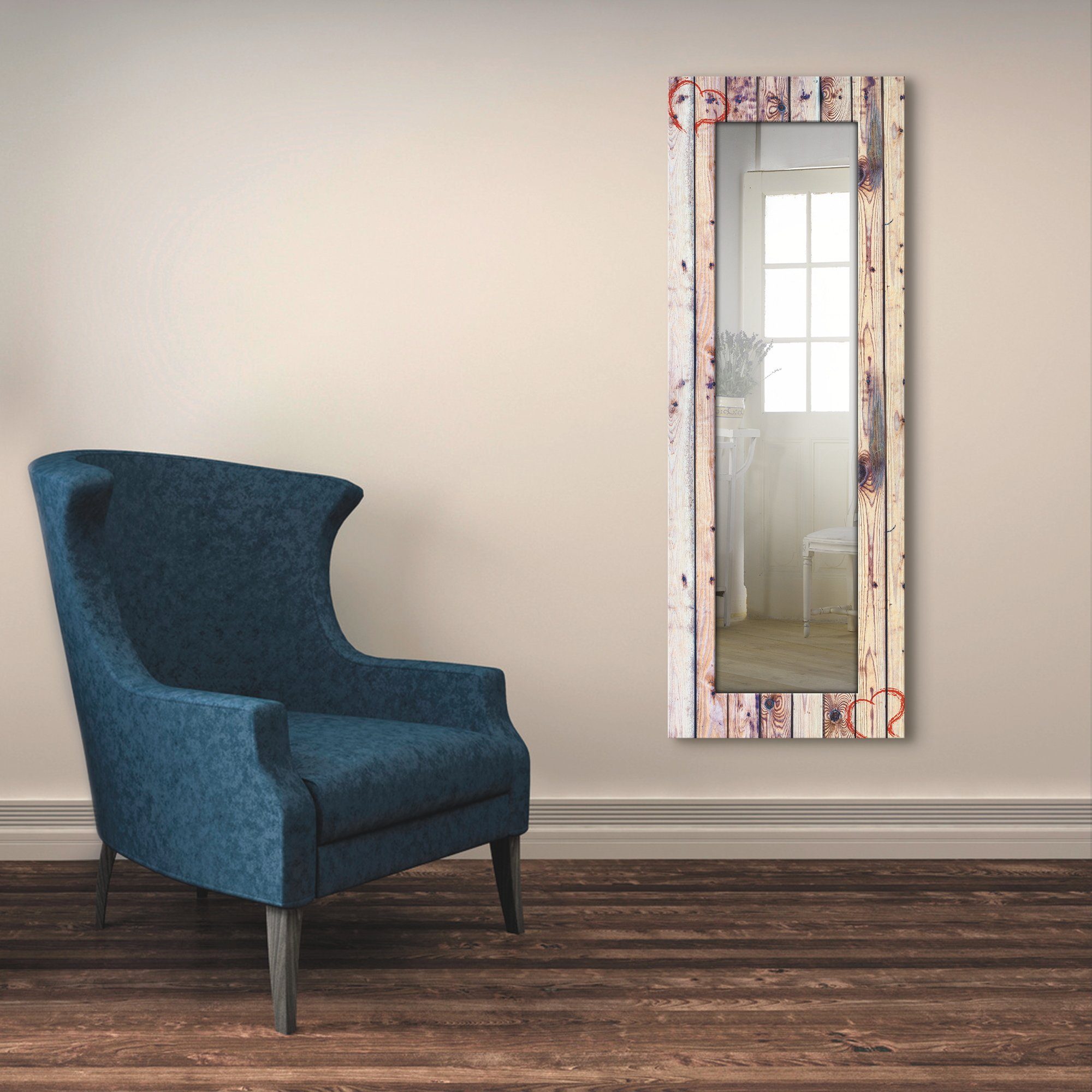 Artland Dekospiegel Vintage Hintergrund gerahmter Landhaus Holzwand Wanspiegel mit Motivrahmen, Herz, Ganzkörperspiegel, mit