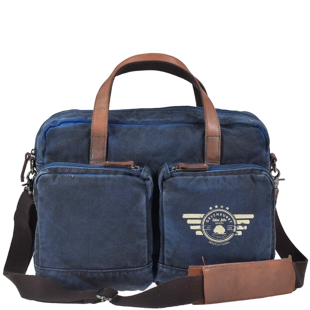 Greenburry Umhängetasche "Aviator Blue Edition" blau, Canvas mit Lederbesatz, Businesstasche 39x29cm mit Notebookfach