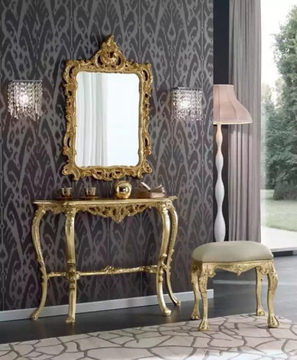JVmoebel Schminktisch Luxuriöser Schminktisch mit goldenen Akzenten und Spiegel (3-St., 1x Konsole + 1x Spiegel + 1x Hocker), Made in Europa