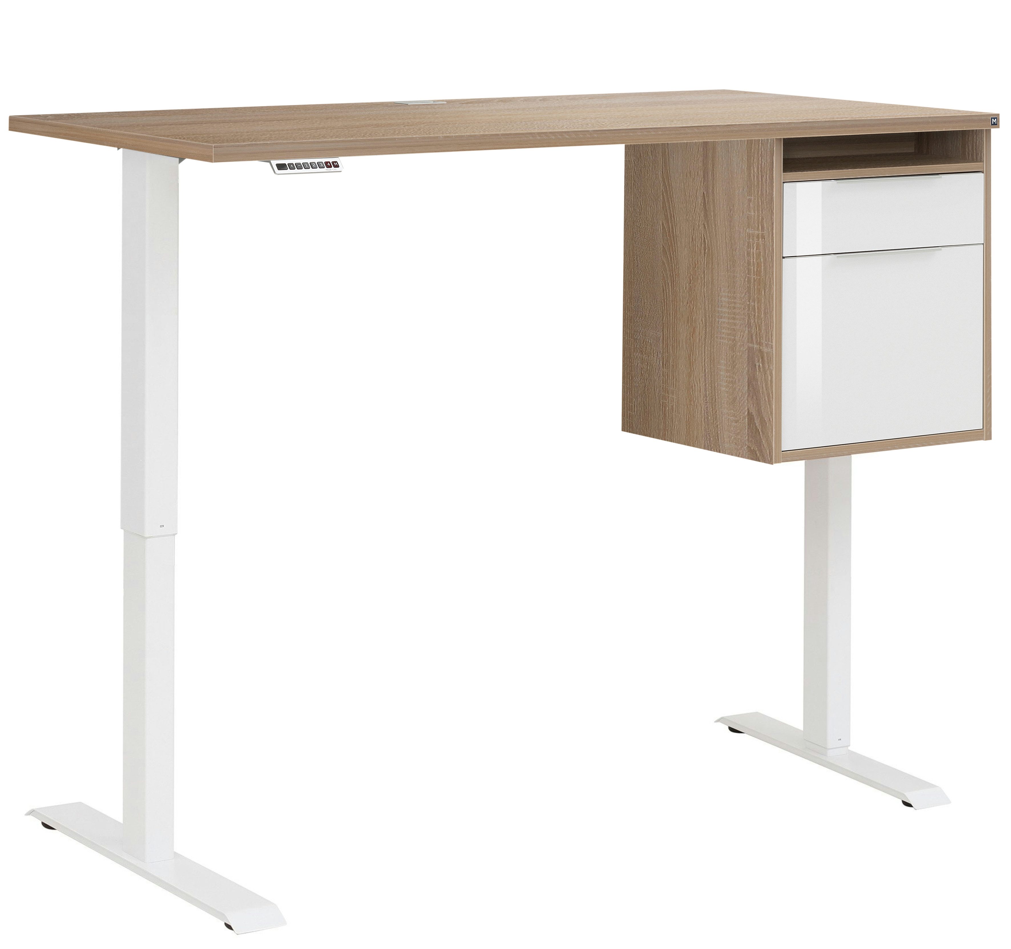 Maja Möbel Schreibtisch Schreibtisch mit Hängecontainer Weiß und Eiche Sonoma (Spar-Set, 1-St., 1 Tisch mit Container), mitfahrbarer Hängecontainer, höhenverstellbar, 2 Motoren