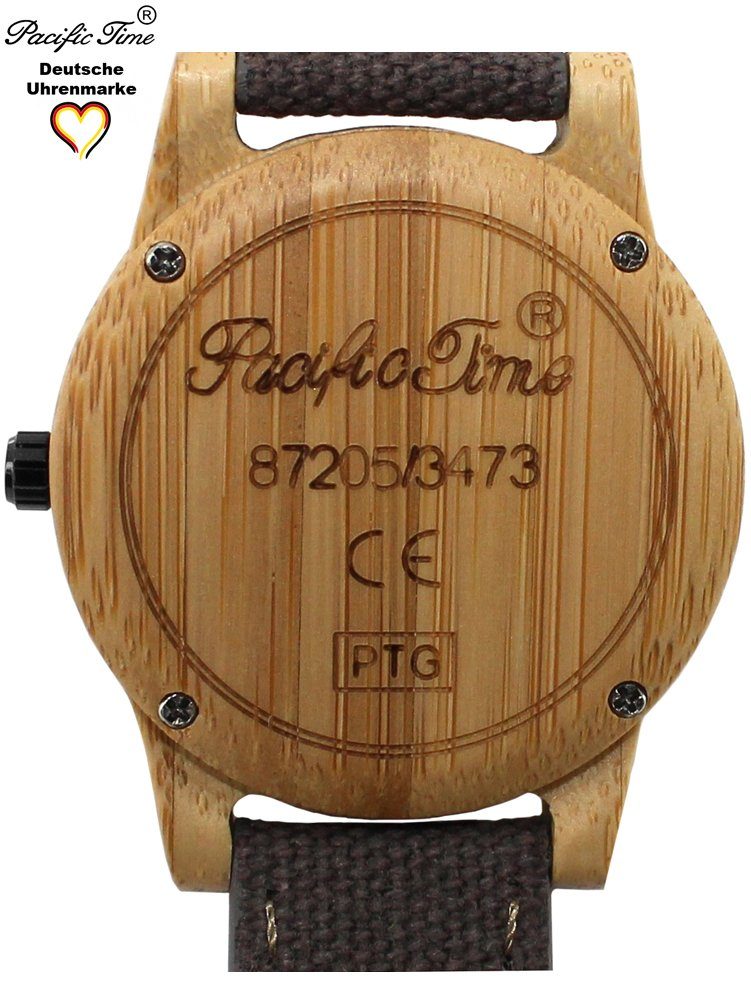 Pacific Time Quarzuhr Damenuhr analog Pferd Holz Canvas Armband, Gratis Versand