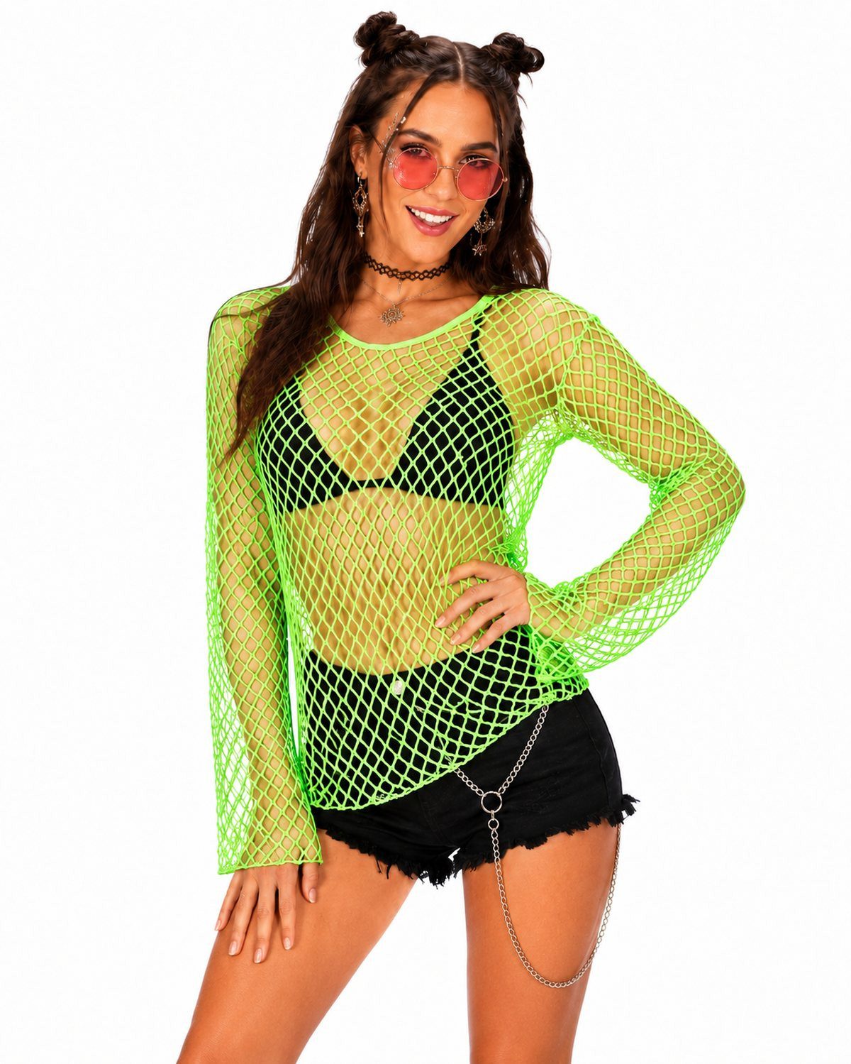 Das Kostümland Kostüm Neon Netzshirt Damen, Grün - 80er Rave Disco Fes