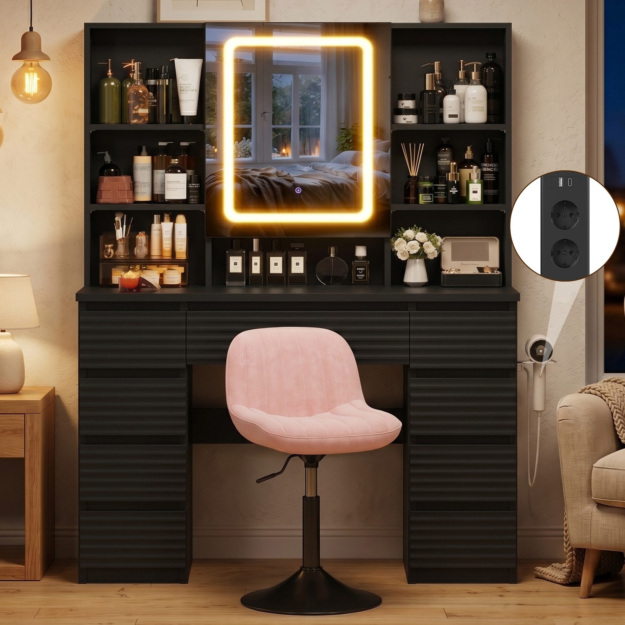 HOMALL Schminktisch LED-Schminkspiegel, schwarz-weißer Schminktisch und Hocker im Set (Kombination aus 9 Schubladen, 7 offenen Fächern und Stauraum hinter dem Spiegel, Maße: 108 x 40 x 146 cm, mit 2 Steckdosen, 1 USB-Anschluss und 1 Typ-C-Anschluss sowie einer Halterung für den Föhn, wahlweise in Weiß, Schwarz oder als Set mit Hocker erhältlich)