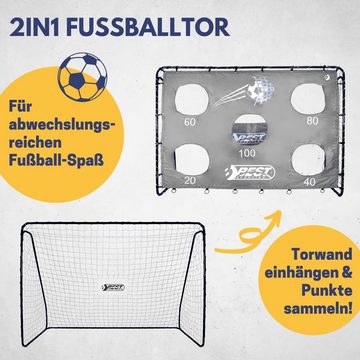 Best Sporting Fußballtor Fußballtor mit Torwand, I Fußballtor Kinder mit 5-Loch Torwand I Fußball Tor 213cm x 152cm I Hochwertiges Kindertor mit Netz, Torwand & Heringen I Fussball Tor Grau