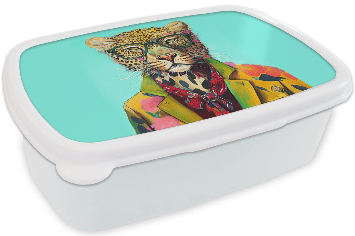 Kunststoff, Leopard Mädchen - für Tier Schleife - - MuchoWow Brotbox und weiß - Brille Erwachsene, Lunchbox Kinder und (2-tlg), für Jungs Design, Brotdose,