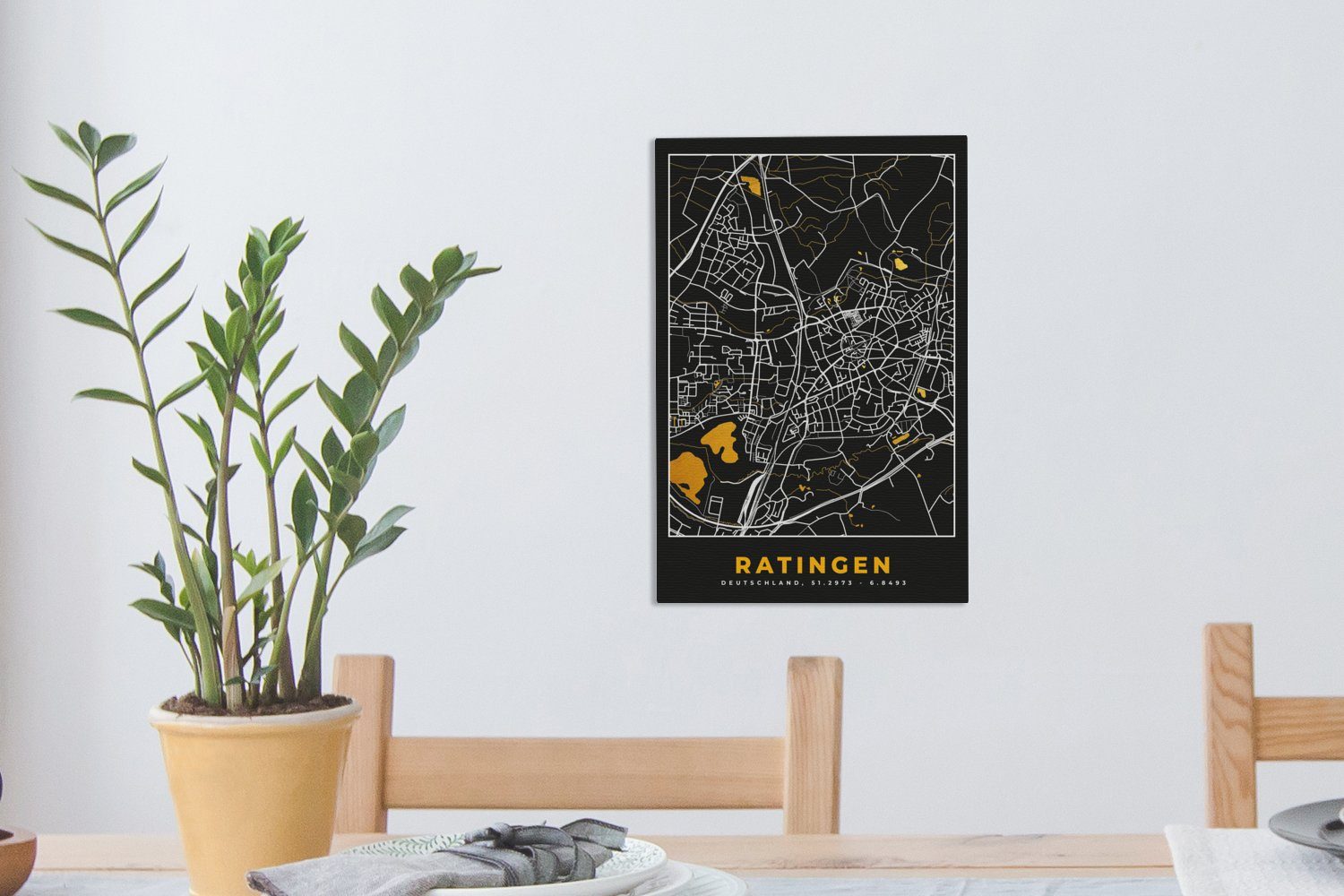 Leinwandbild Schwarz Zackenaufhänger, Karte, bespannt Gold OneMillionCanvasses® - Stadtplan cm Ratingen 20x30 - (1 Deutschland und - St), inkl. - Gemälde, fertig Leinwandbild