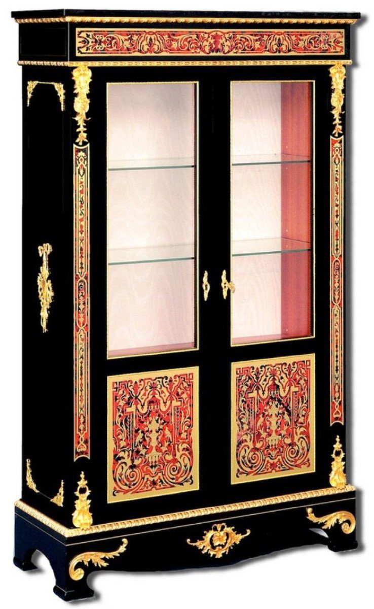 Casa Padrino Vitrine Luxus Barock Boulle Vitrine Schwarz / Rot / Gold 93 x 35 x H. 152 cm - Handgefertigter Massivholz Vitrinenschrank mit 2 Türen - Edle Barock Möbel