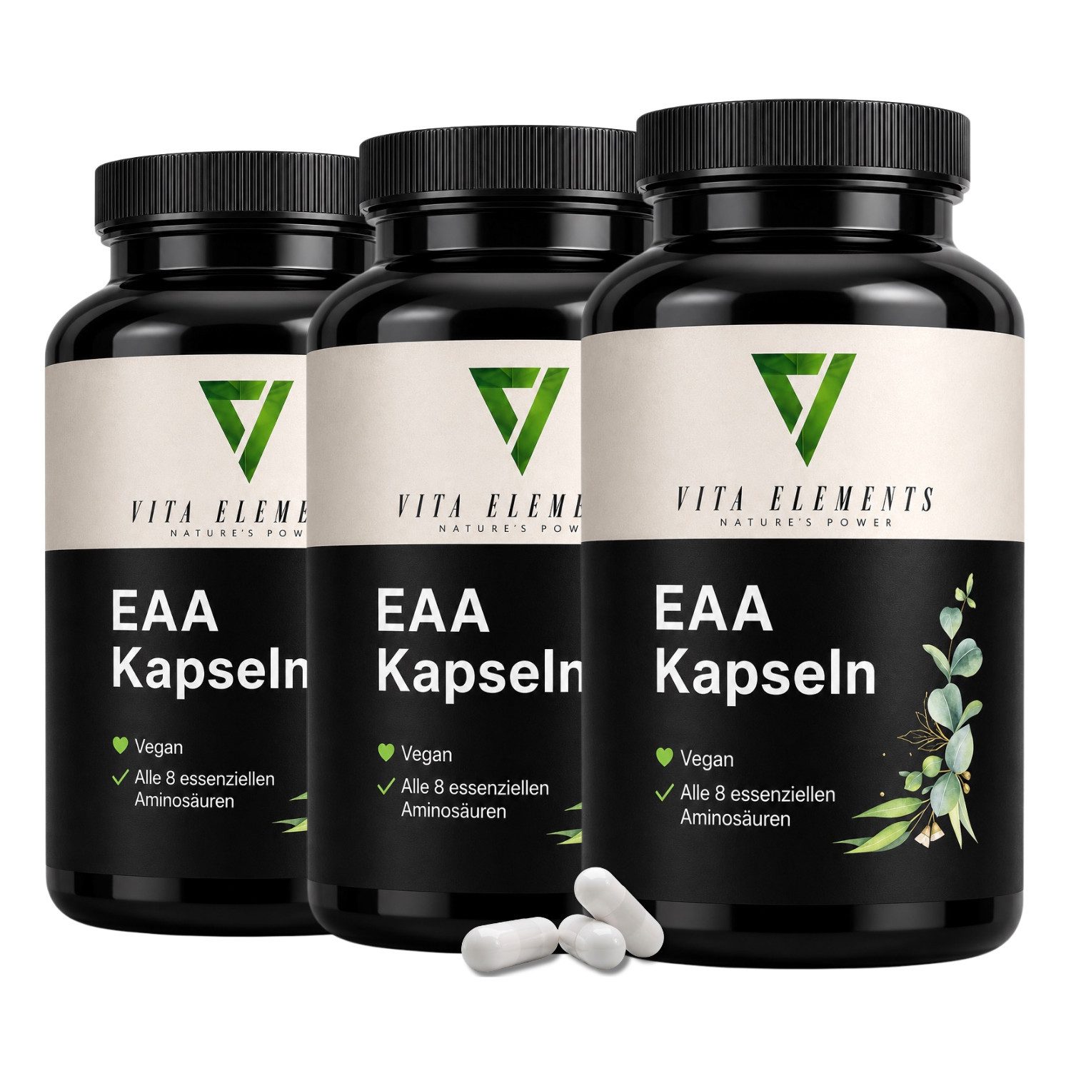 Vita Elements EAA - 7142mg Aminosäuren, alle 8 essenziell, 900 Kapseln, 3 er Spar-Set à 300 St., Vegan, Ohne Gelatine, Hochdosiert, Laborgeprüft in Deutschland