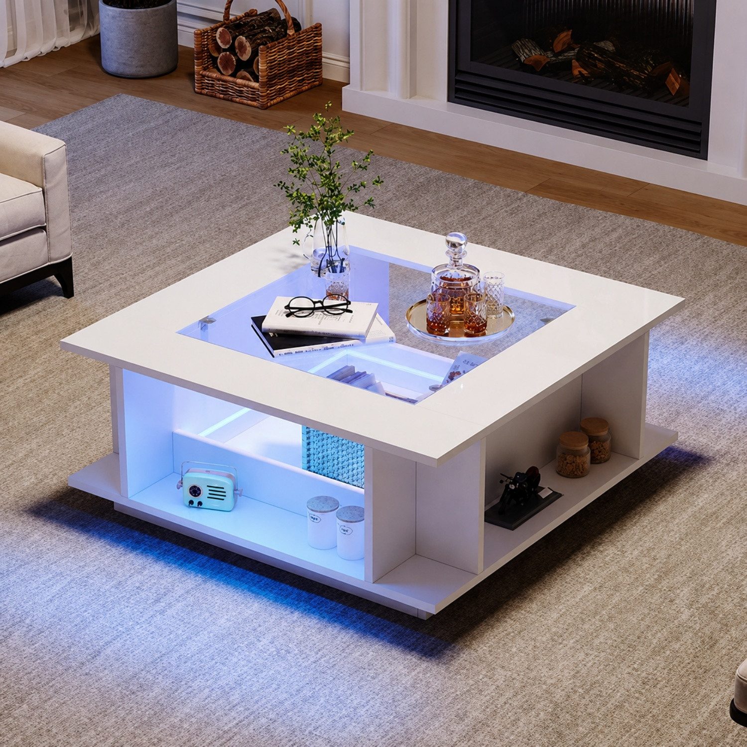 ANYSUN Couchtisch LED Couchtisch 70 × 70 cm, Hochglanz mit Glasplatte & Stauraum (1 Couchtisch), App-gesteuerte LED, 4 offene Fächer, USB, belastbar bis 30 kg